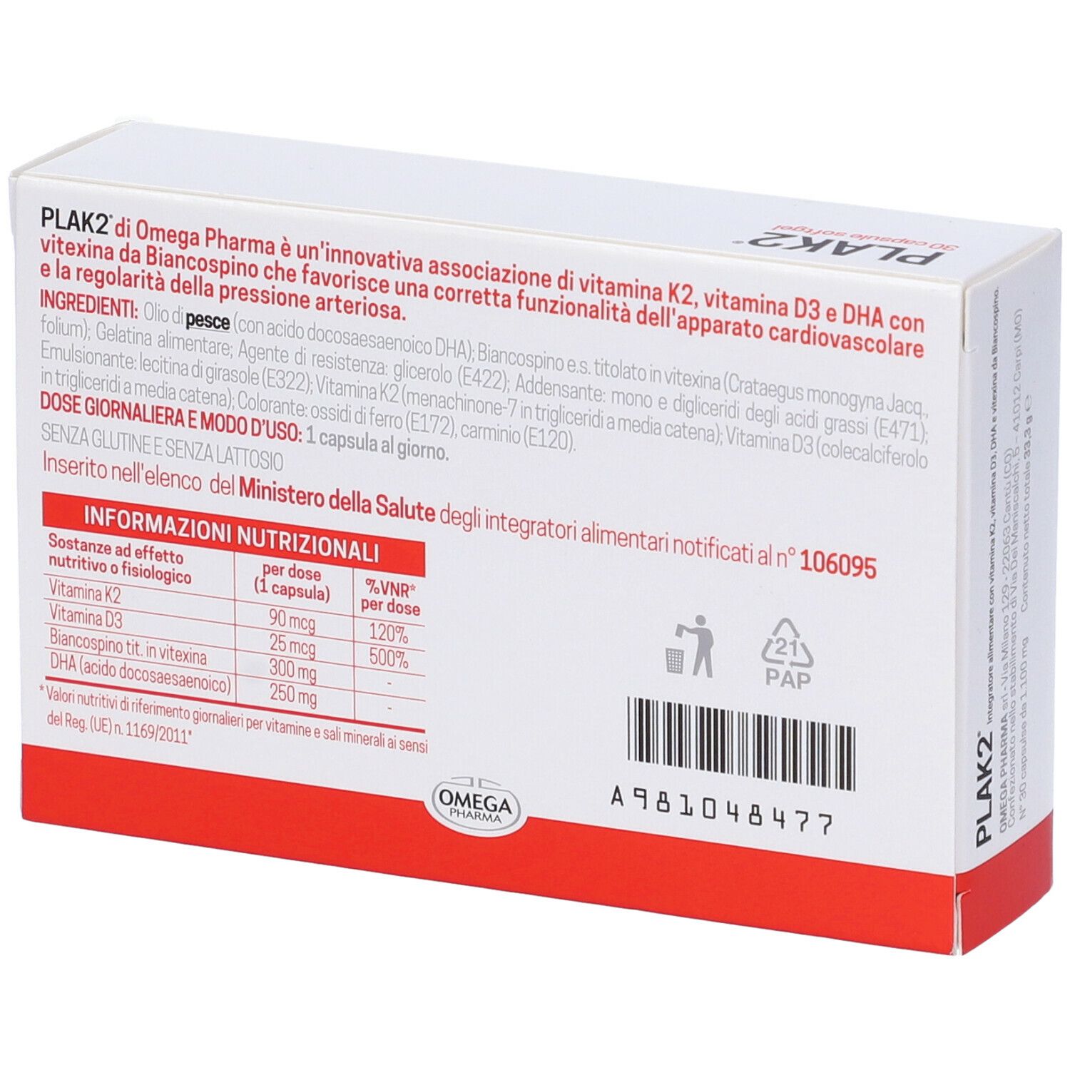 Scatola bianca con testo e informazioni. Scritta « PLAK2 30 capsule softgel ». Logo « OMEGA PHARMA ». Retro con informazioni sul contenuto.