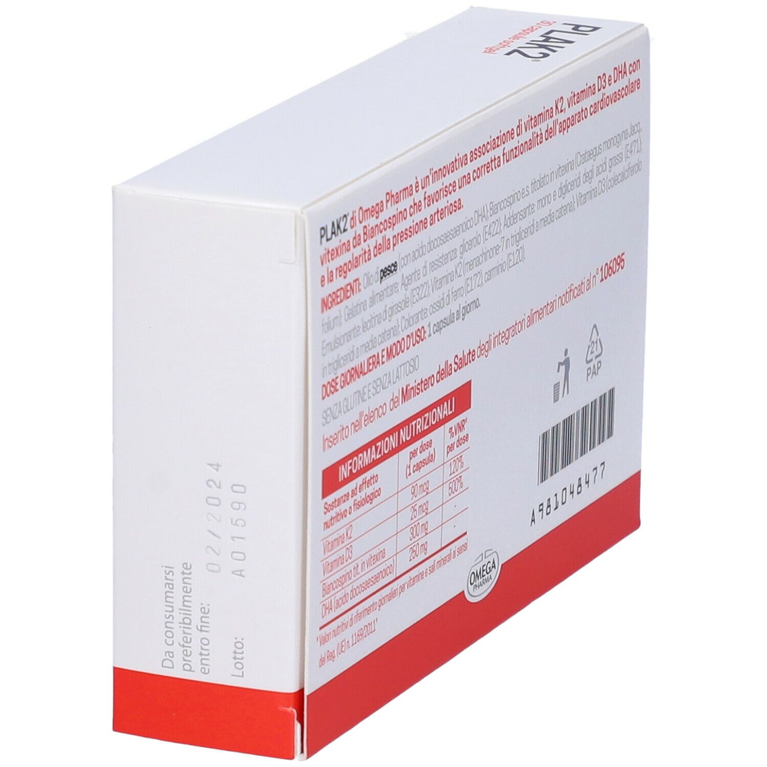 Scatola bianca con testo e informazioni. Scritta « PLAK2 30 capsule softgel ». Logo « OMEGA PHARMA ». Retro con informazioni sul contenuto.