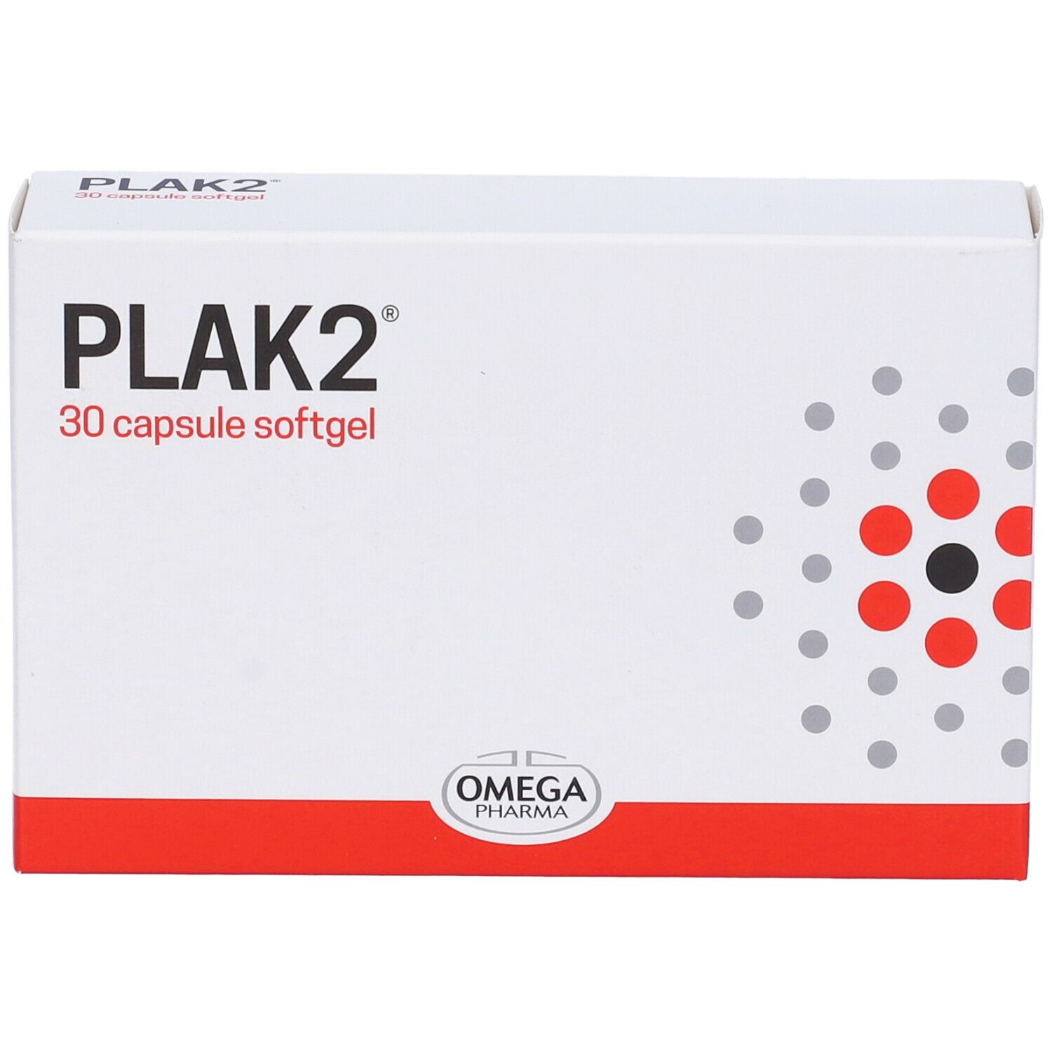 Scatola bianca con design rosso e nero. Scritta « PLAK2 30 capsule softgel ». Logo « OMEGA PHARMA ». Motivo geometrico.