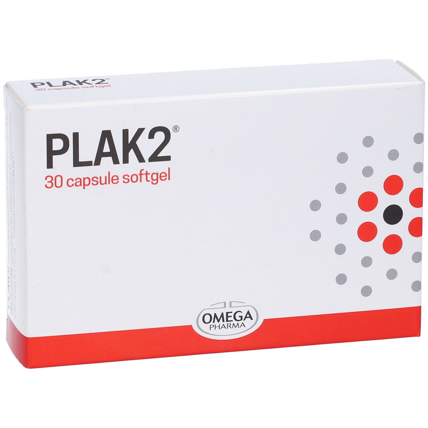 Scatola bianca con design rosso e nero. Scritta « PLAK2 30 capsule softgel ». Logo « OMEGA PHARMA ». Motivo geometrico.