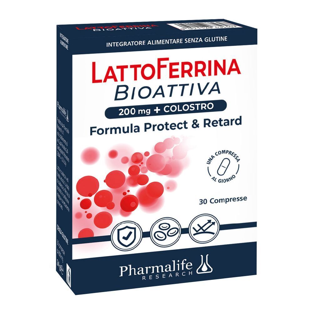 Scatola di Lattoferrina Bioattiva Compresse. Confezione blu e bianca con nome del prodotto e loghi. 30 compresse.