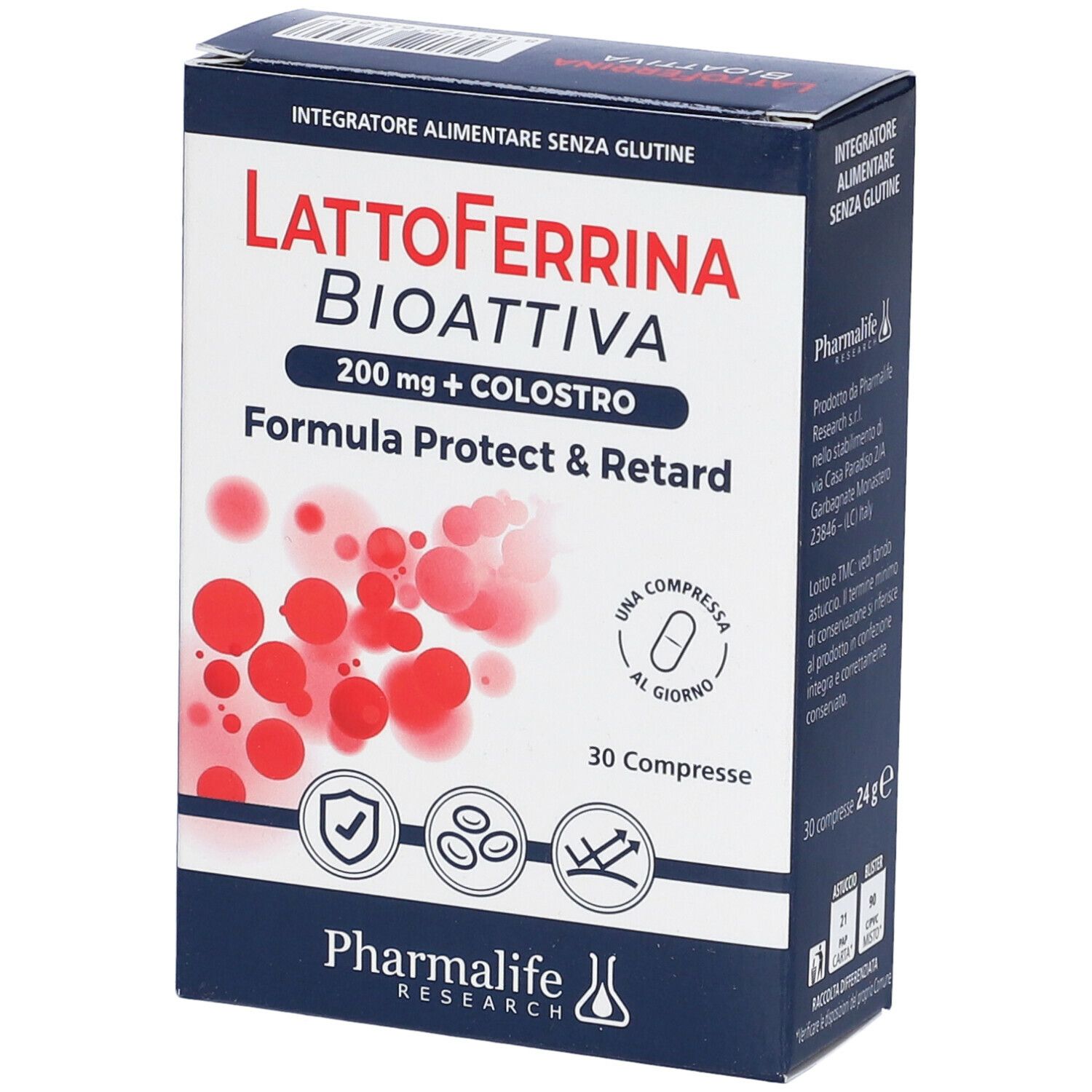 Scatola Lattoferrina Bioattiva Compresse. Confezione blu e bianca. Nome del prodotto, loghi e 30 compresse. Senza glutine.