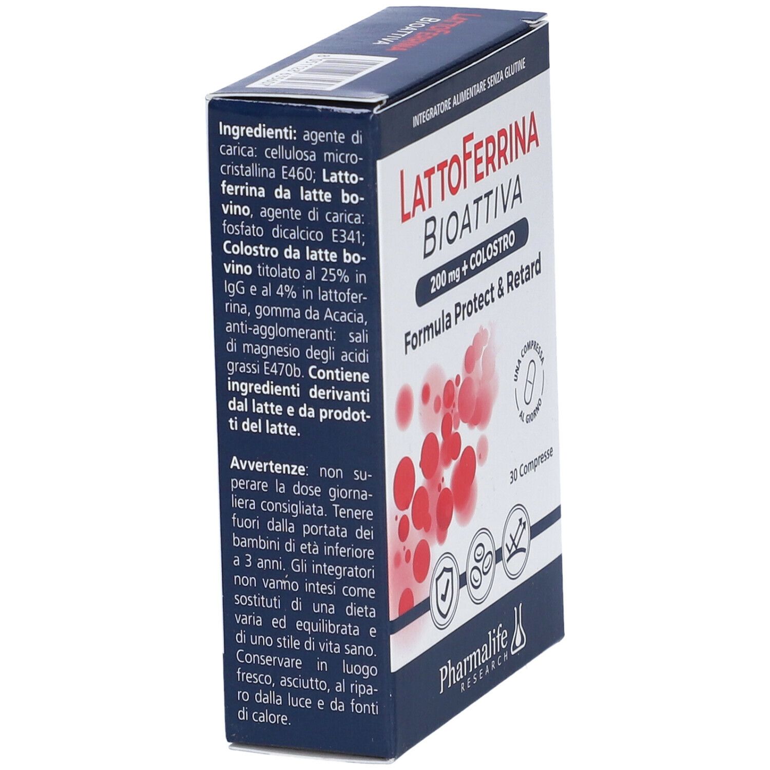 Scatola Lattoferrina Bioattiva Compresse. Retro con ingredienti e avvertenze. Senza glutine.
