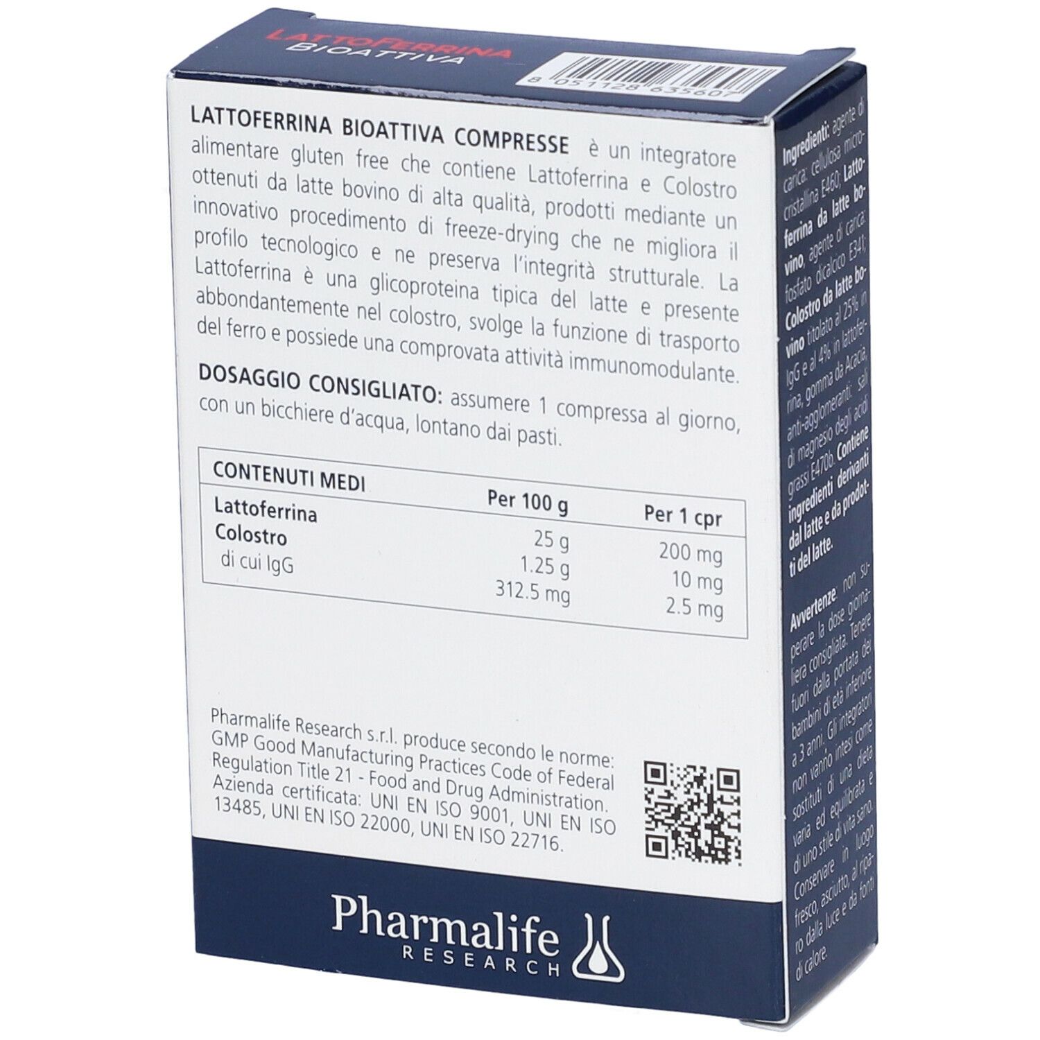 Scatola Lattoferrina Bioattiva Compresse. Lato con informazioni nutrizionali per 100g e per compressa. Senza glutine.