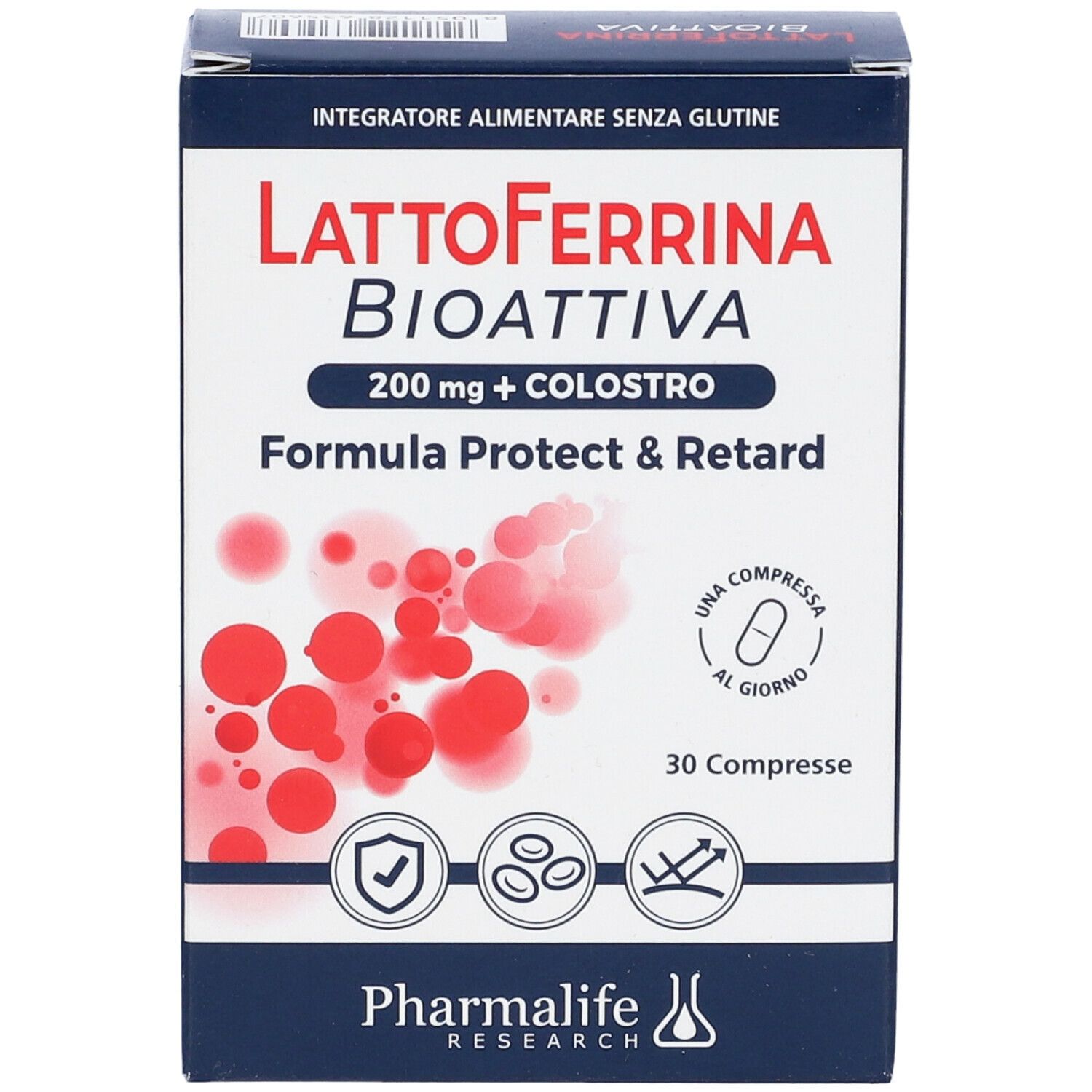 Scatola Lattoferrina Bioattiva Compresse. Fronte con nome del prodotto, loghi e 30 compresse. Senza glutine.