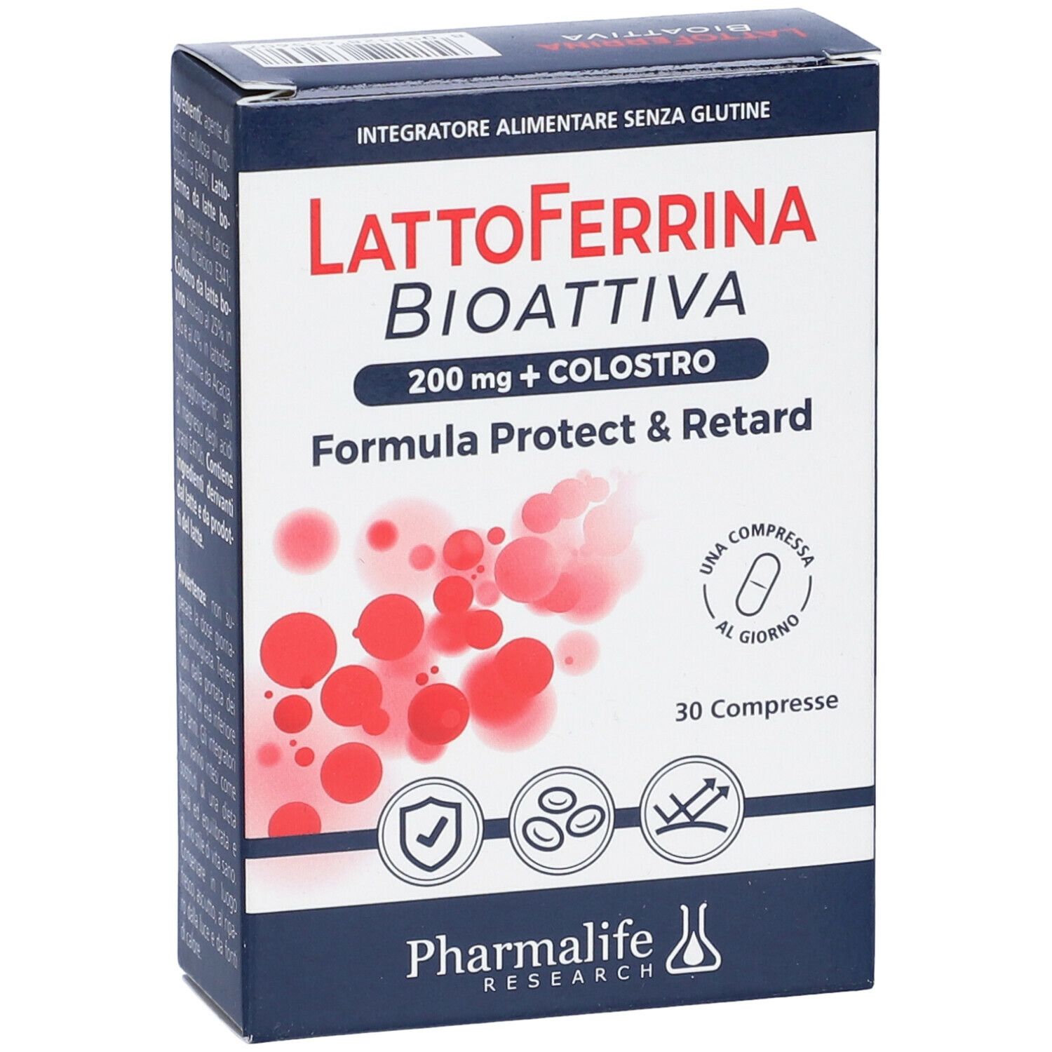 Scatola Lattoferrina Bioattiva Compresse. Fronte con nome del prodotto, loghi e 30 compresse. Senza glutine.
