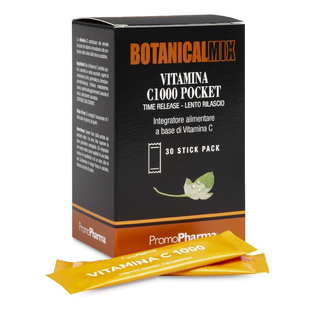 Scatola "Botanicalmix Vitamina C1000 Pocket". Contiene 30 stick pack. Due stick pack sono davanti alla scatola.