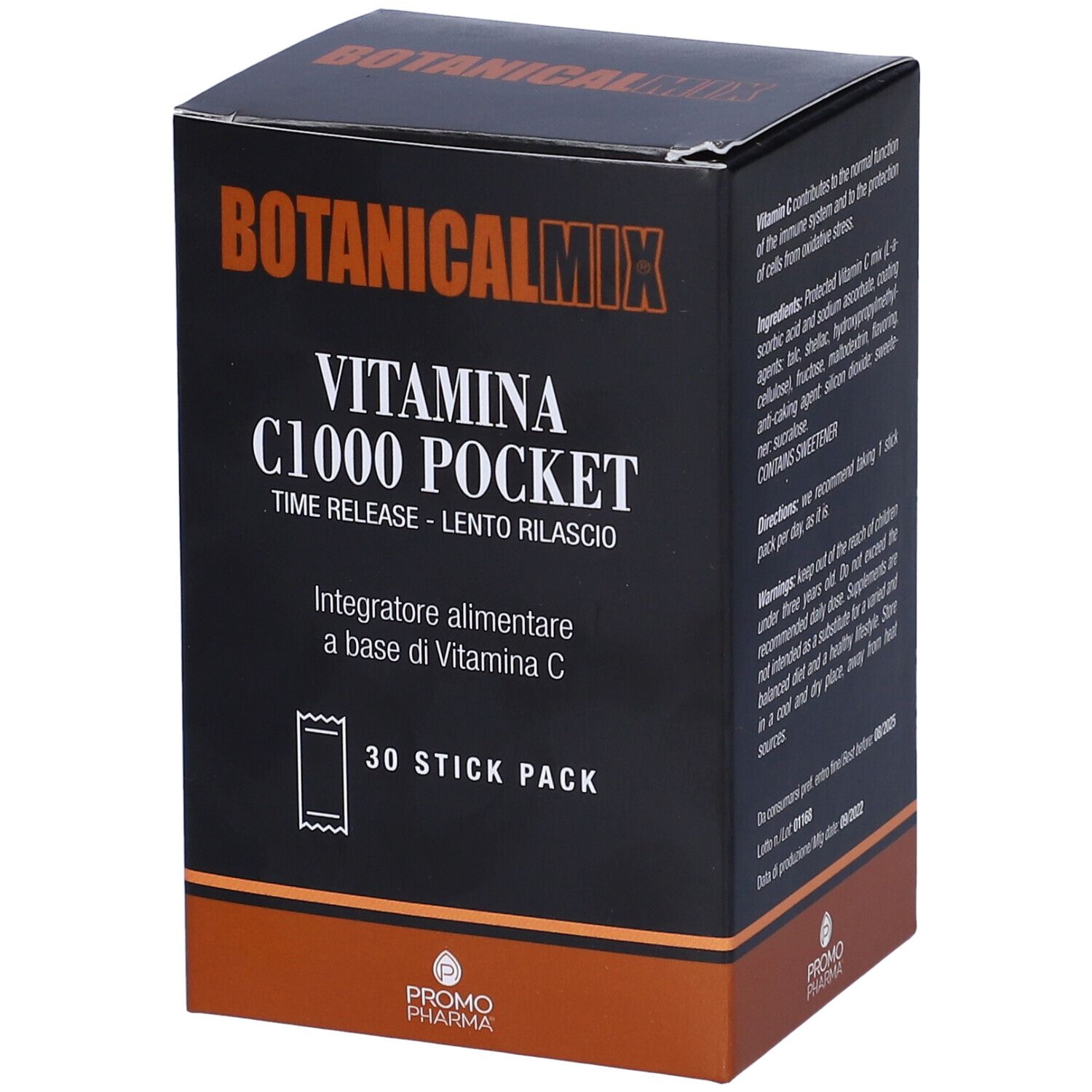 Scatola "Botanicalmix Vitamina C1000 Pocket". Sfondo nero, testo arancione. 30 stick pack.