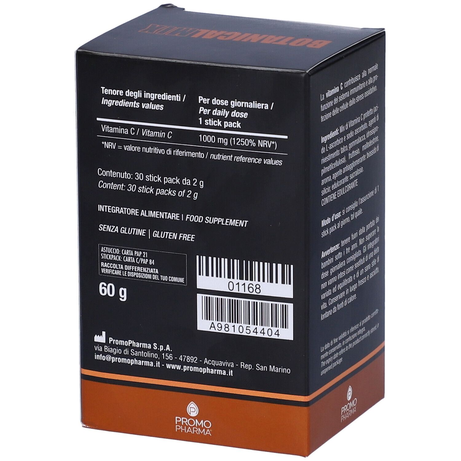 Retro della scatola "Botanicalmix Vitamina C1000 Pocket". Informazioni nutrizionali e ingredienti. 60 g.