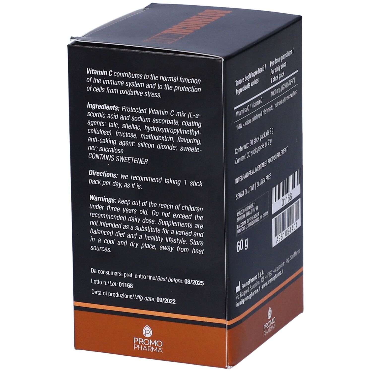 Retro della scatola "Botanicalmix Vitamina C1000 Pocket". Testo in inglese. 60 g.