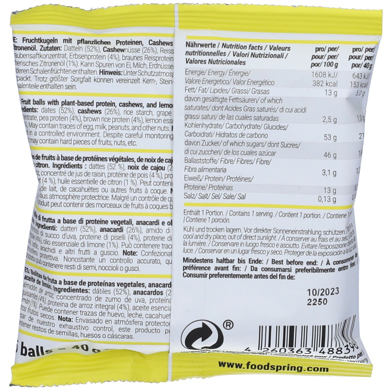 Retro della confezione con informazioni nutrizionali e lista ingredienti. Logo Foodspring e data di scadenza.