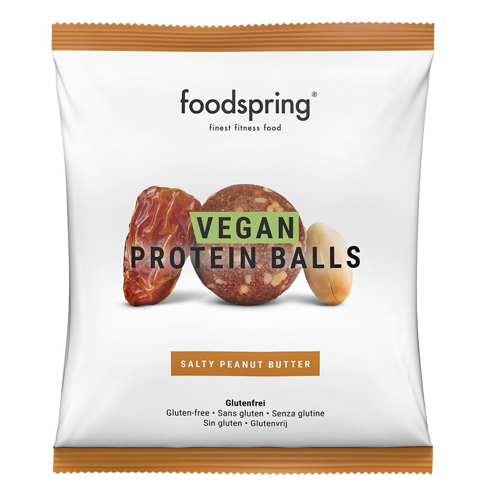 Confezione di Vegan Protein Balls Foodspring. Scritta: Vegan Protein Balls, Salty Peanut Butter. Senza glutine.
