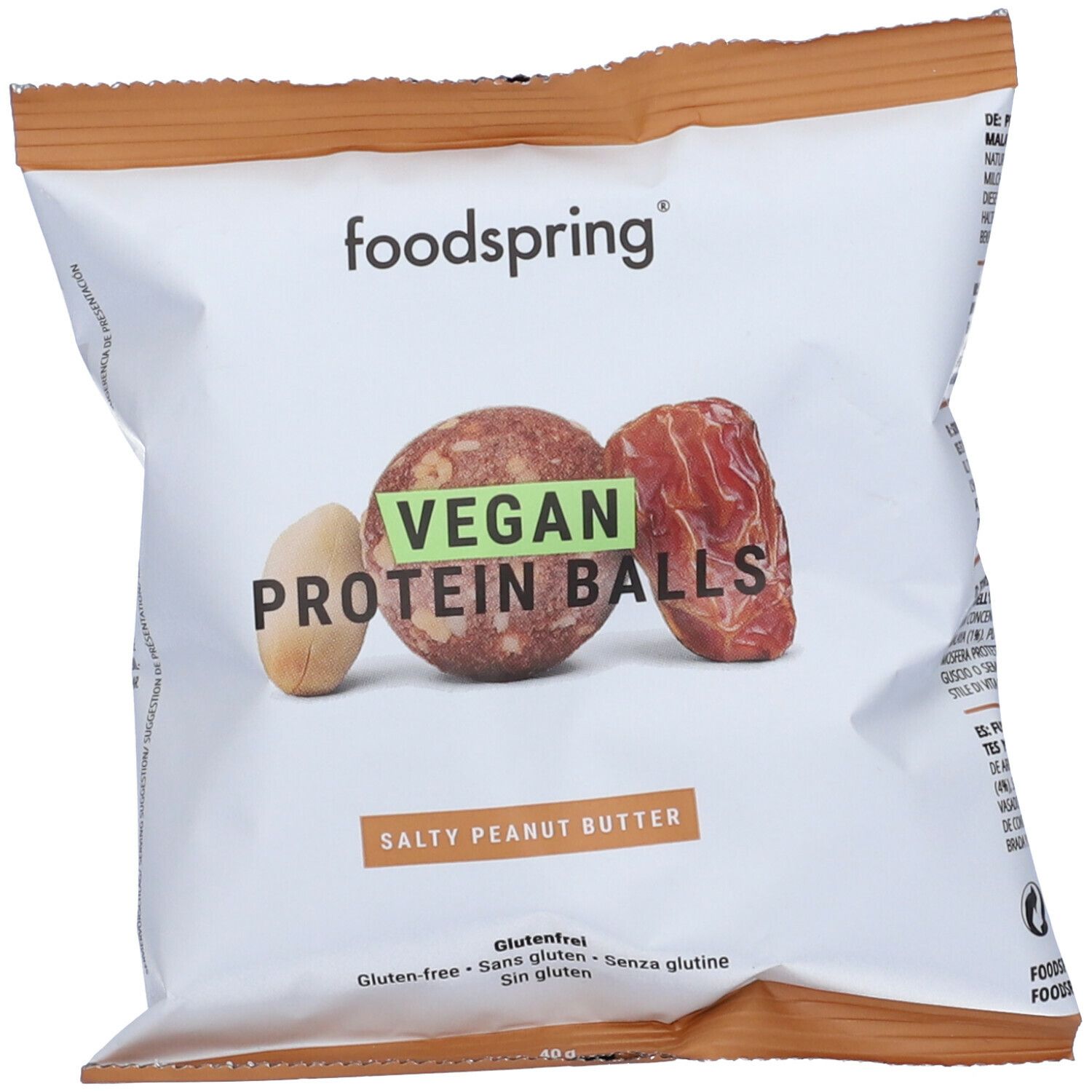 Confezione di Vegan Protein Balls Foodspring. Scritta: Vegan Protein Balls, Salty Peanut Butter. Senza glutine.
