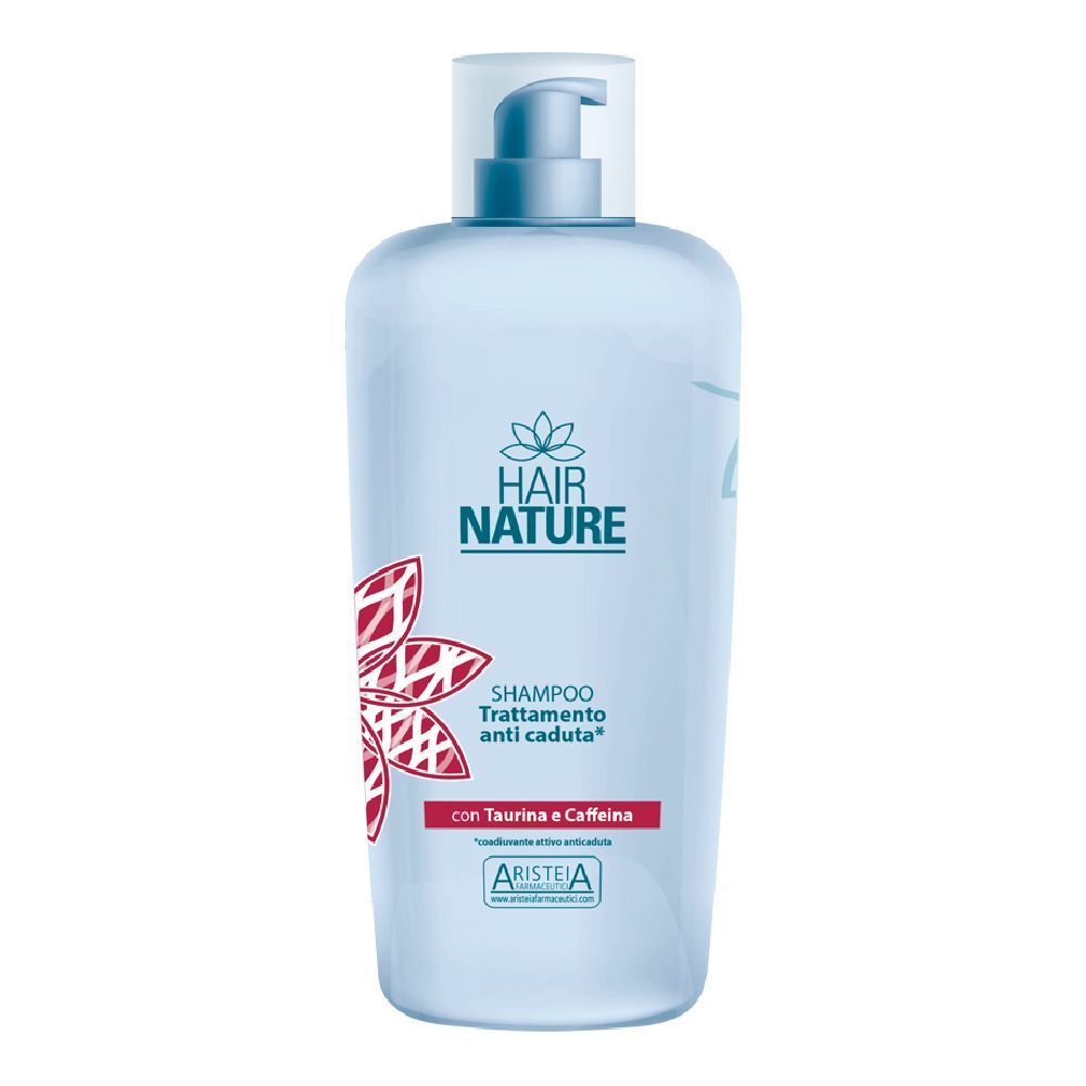 Flacone di shampoo azzurro con dosatore. Scritta: Hair Nature, Shampoo Trattamento anticaduta. Con Taurina e Caffeina. Logo Aristea.