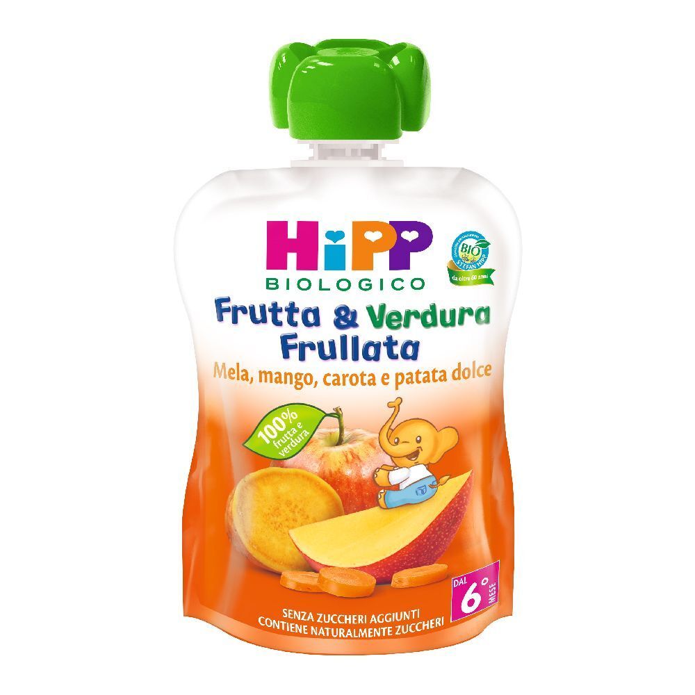 Bustina di purea di frutta e verdura. Contiene mela, mango, carota e patata dolce. Tappo verde. Marchio Hipp.