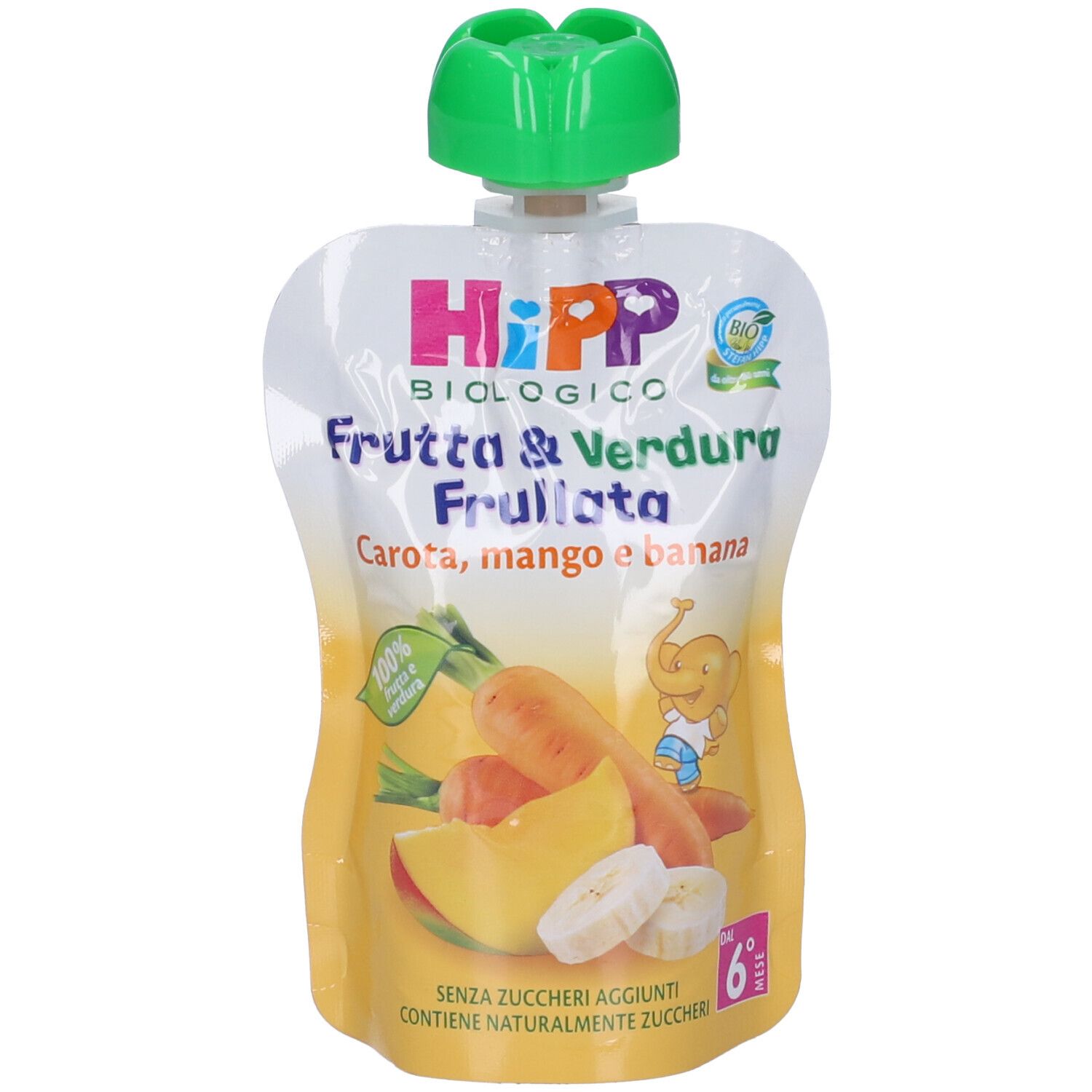Bustina di purea di frutta e verdura. Contiene carota, mango e banana. Tappo verde. Marchio Hipp.