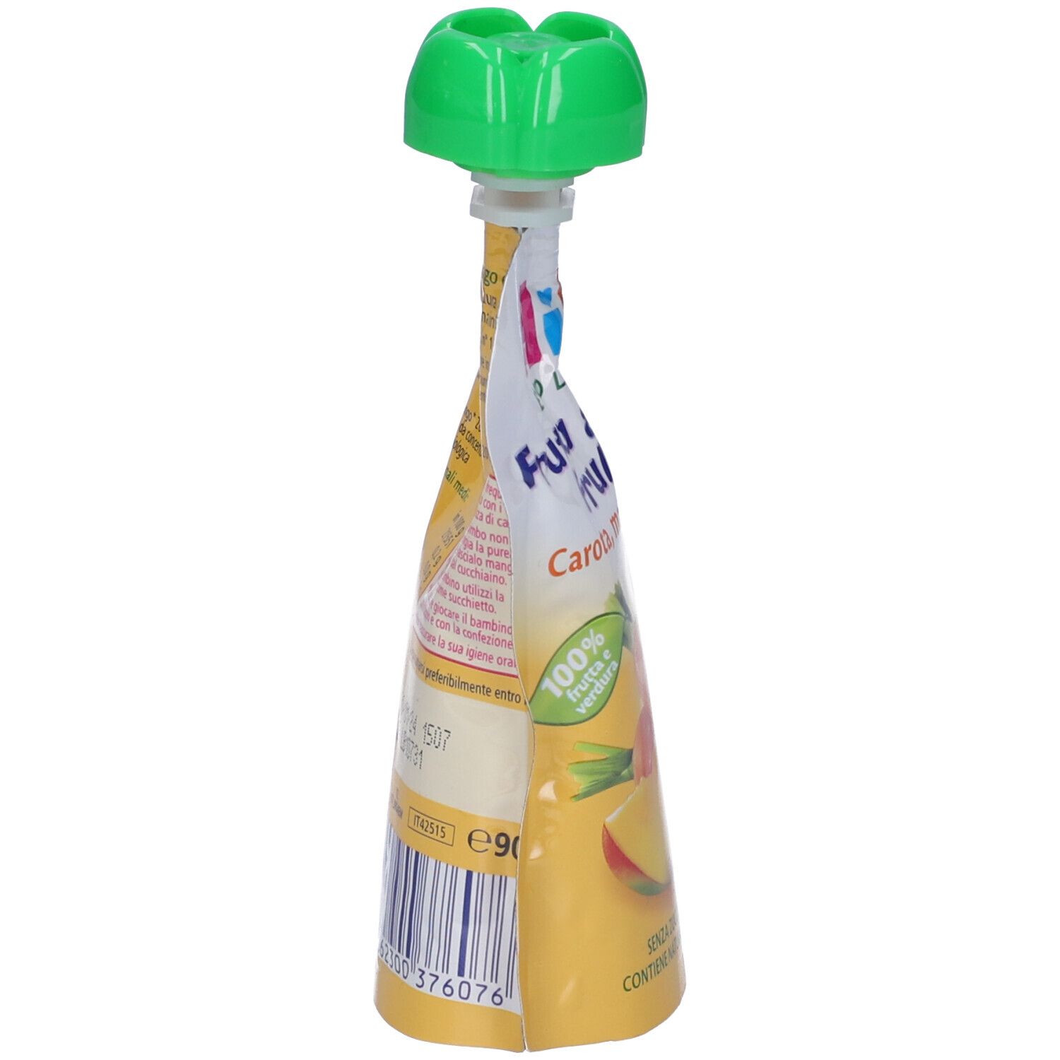 Bustina di purea di frutta e verdura. Contiene carota, mango e banana. Tappo verde. Marchio Hipp.