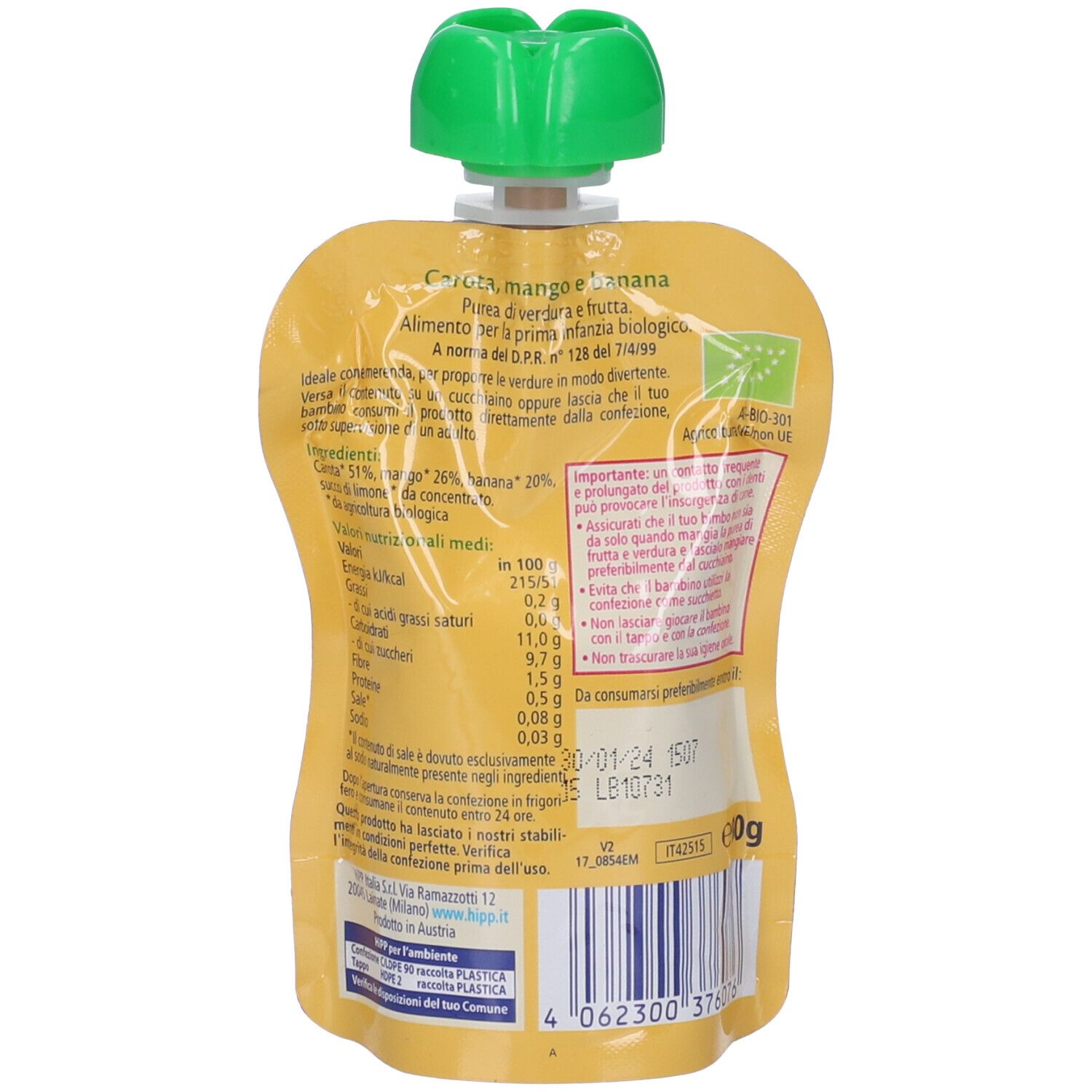 Bustina di purea di frutta e verdura. Contiene carota, mango e banana. Tappo verde. Marchio Hipp.