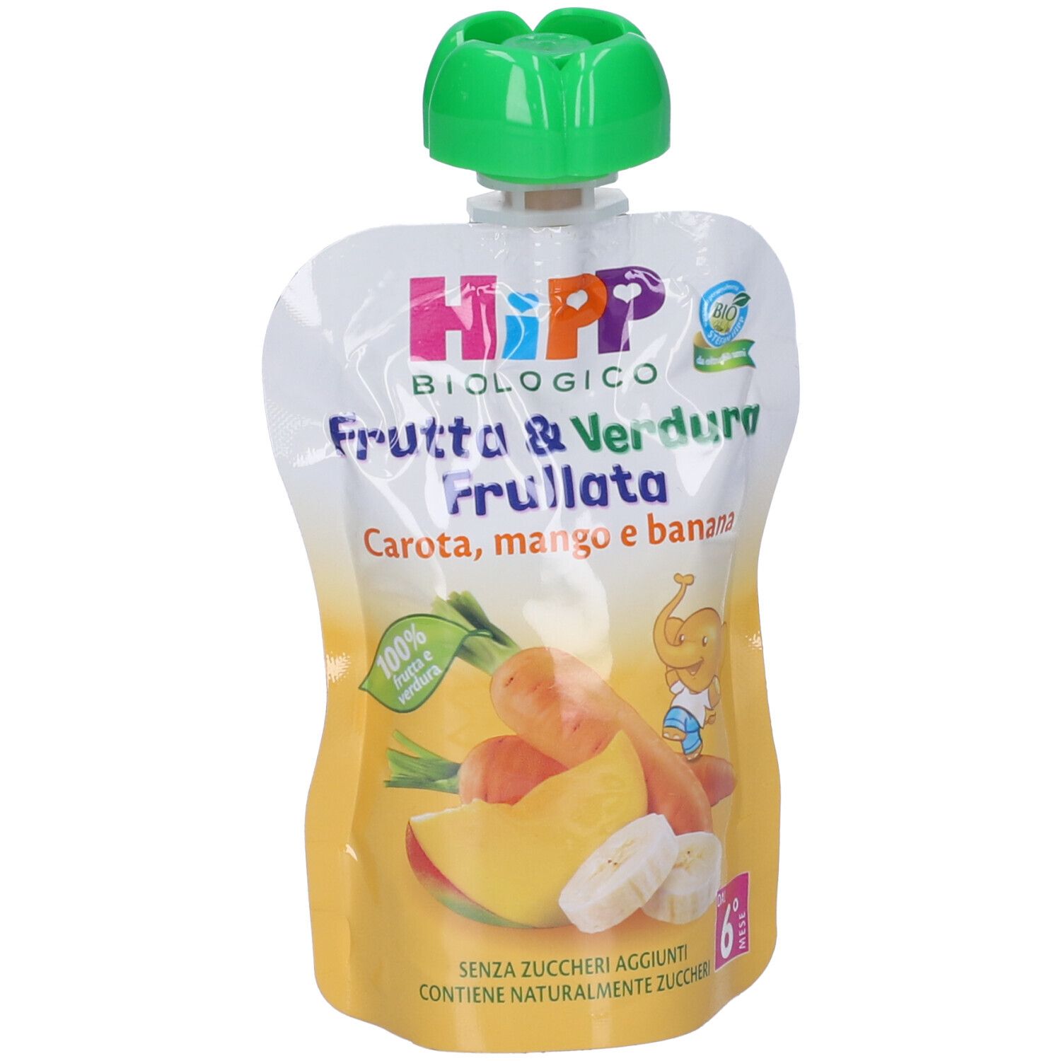Bustina di purea di frutta e verdura. Contiene carota, mango e banana. Tappo verde. Marchio Hipp.