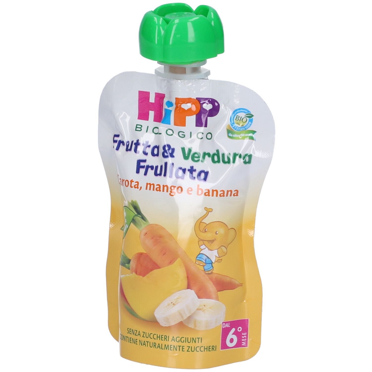 Bustina di purea di frutta e verdura. Contiene carota, mango e banana. Tappo verde. Marchio Hipp.