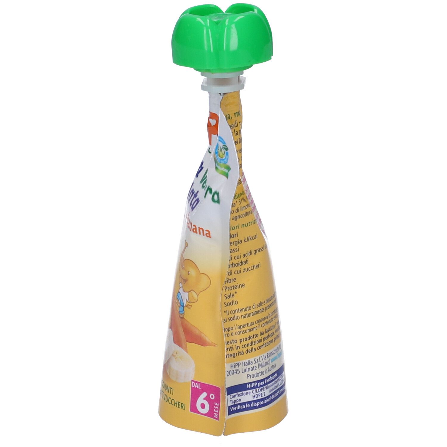 Bustina di purea di frutta e verdura. Contiene carota, mango e banana. Tappo verde. Marchio Hipp.