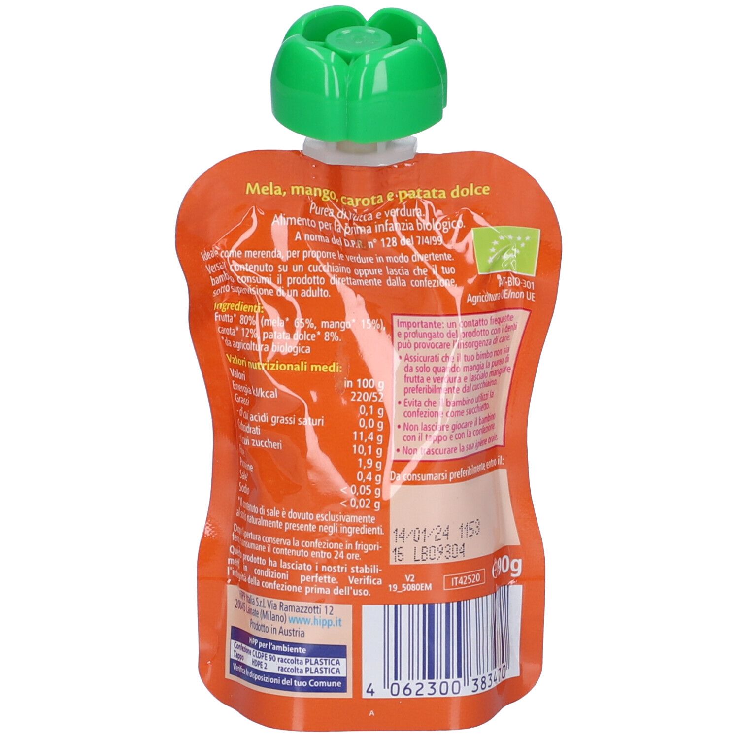 Rückseite des Quetschbeutels. Text mit Nährwertangaben und Zutatenliste. Grünes Bio-Siegel. Mindesthaltbarkeitsdatum.