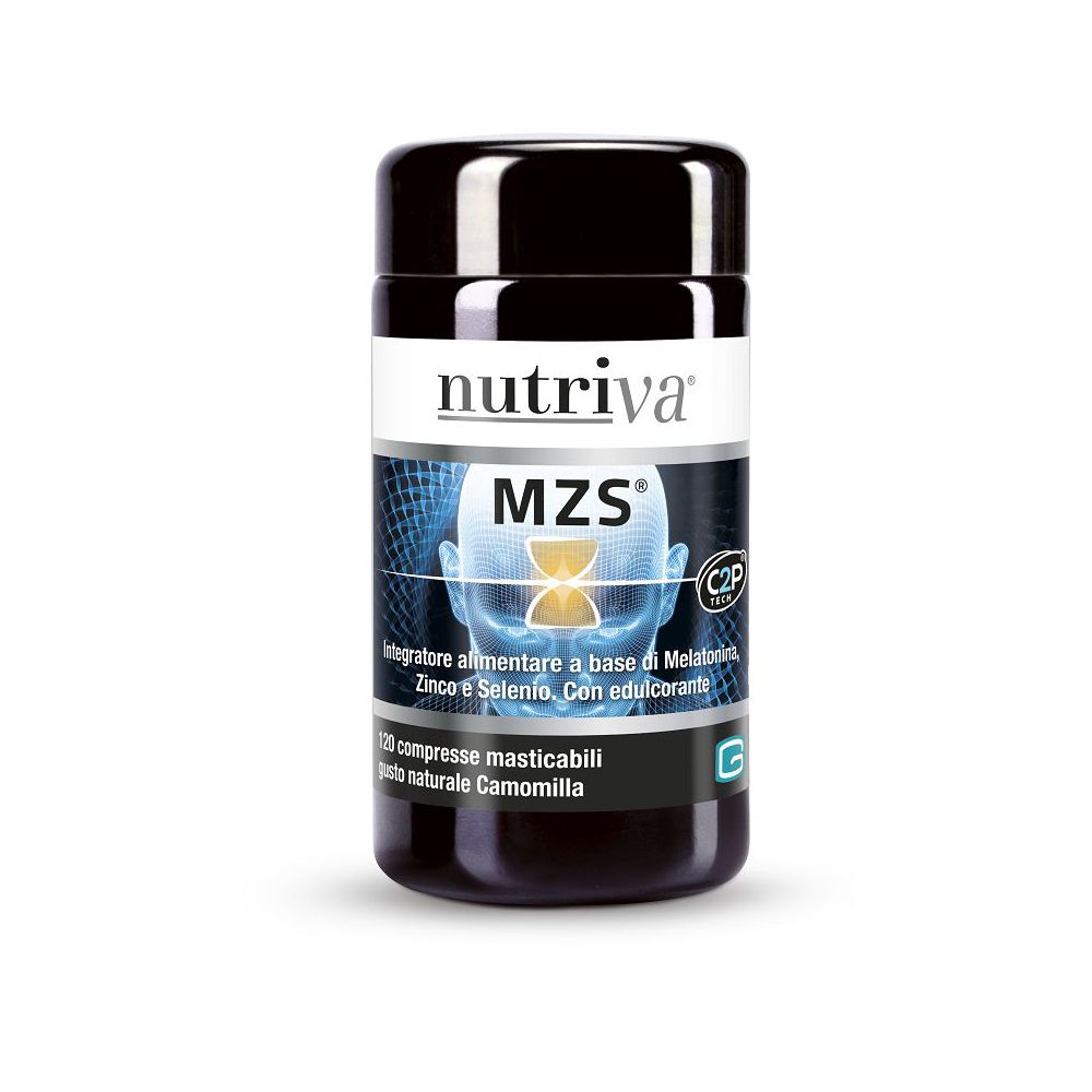 Barattolo nero con etichetta bianca. Scritta: Nutriva MZS. Contiene 120 compresse masticabili. Con melatonina, zinco e selenio.