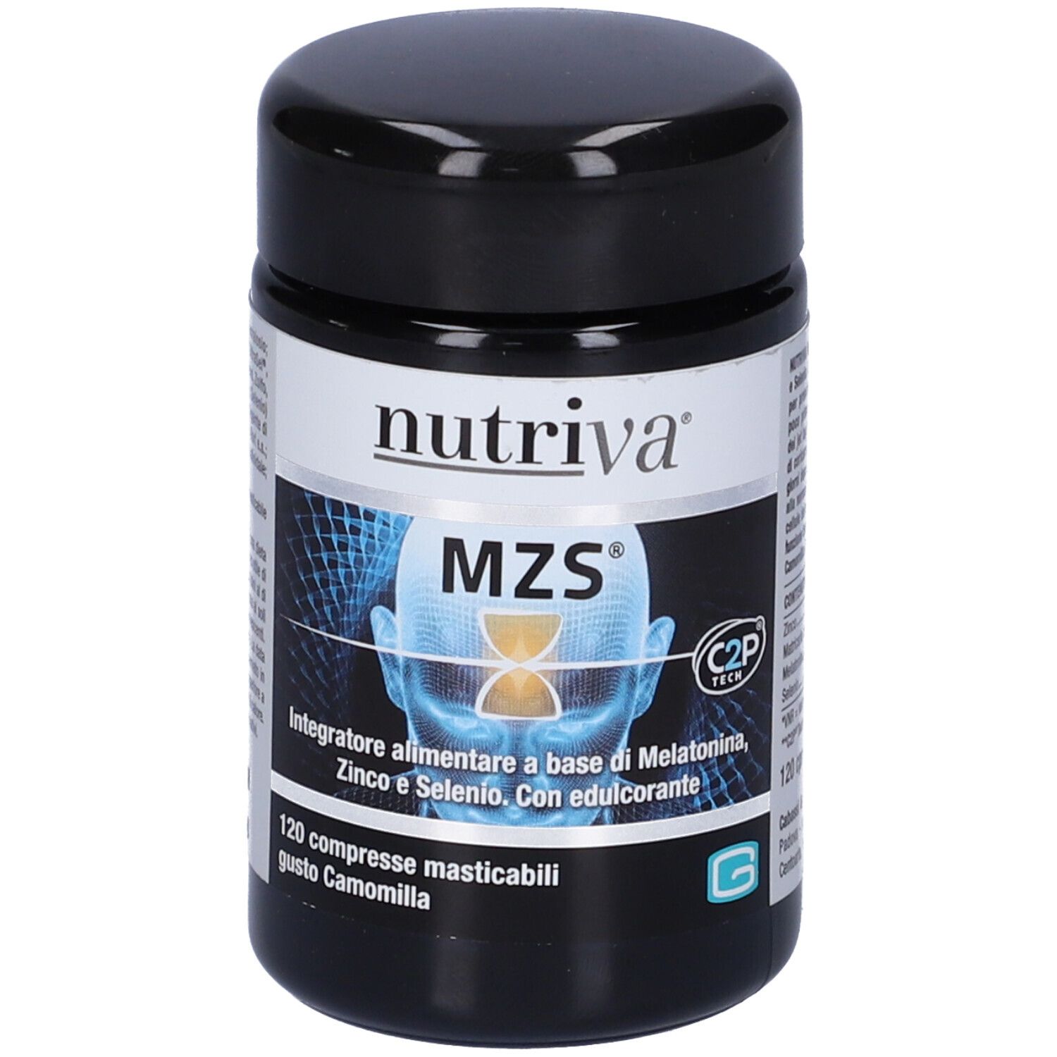 Barattolo nero con etichetta bianca. Scritta: Nutriva MZS. Contiene 120 compresse masticabili. Con melatonina, zinco e selenio.