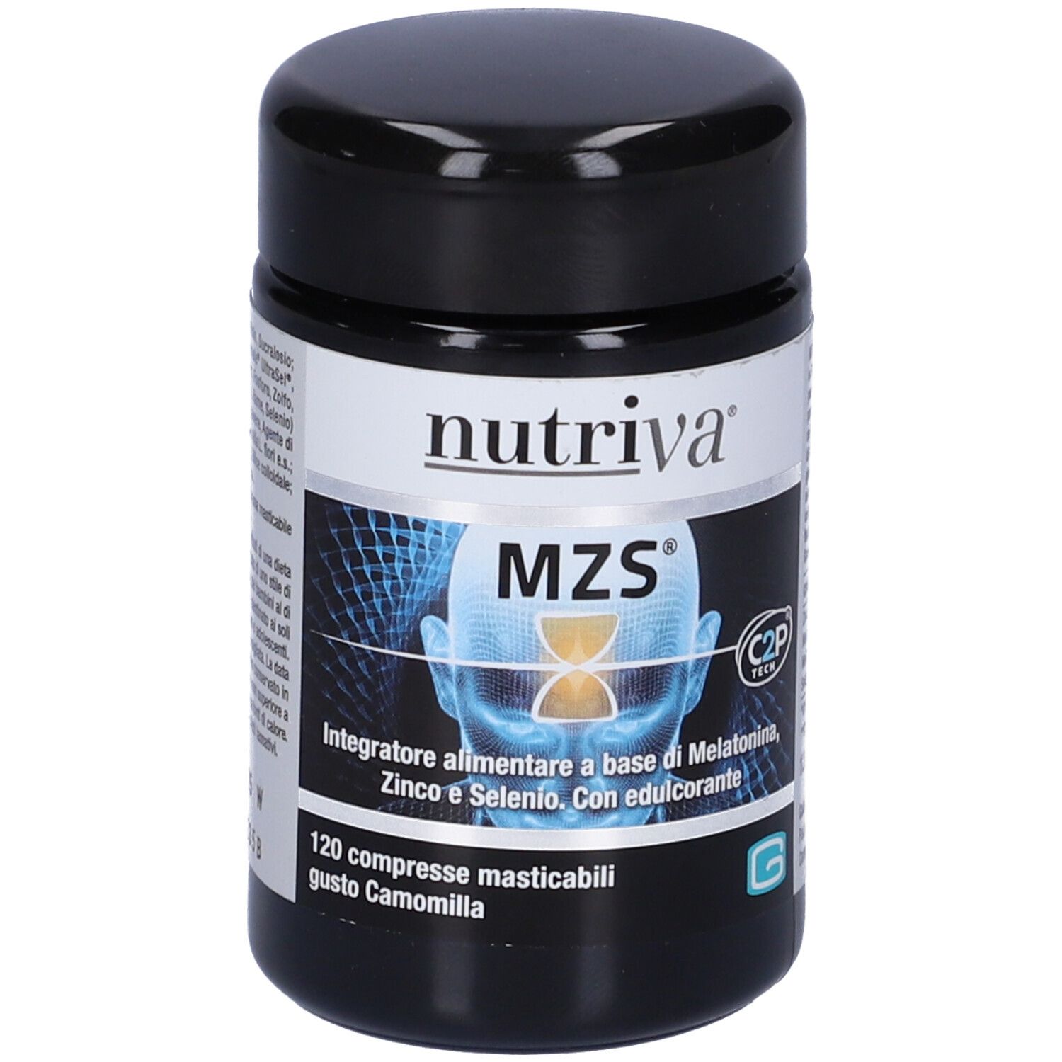 Barattolo nero con etichetta bianca. Scritta: Nutriva MZS. Contiene 120 compresse masticabili. Con melatonina, zinco e selenio.