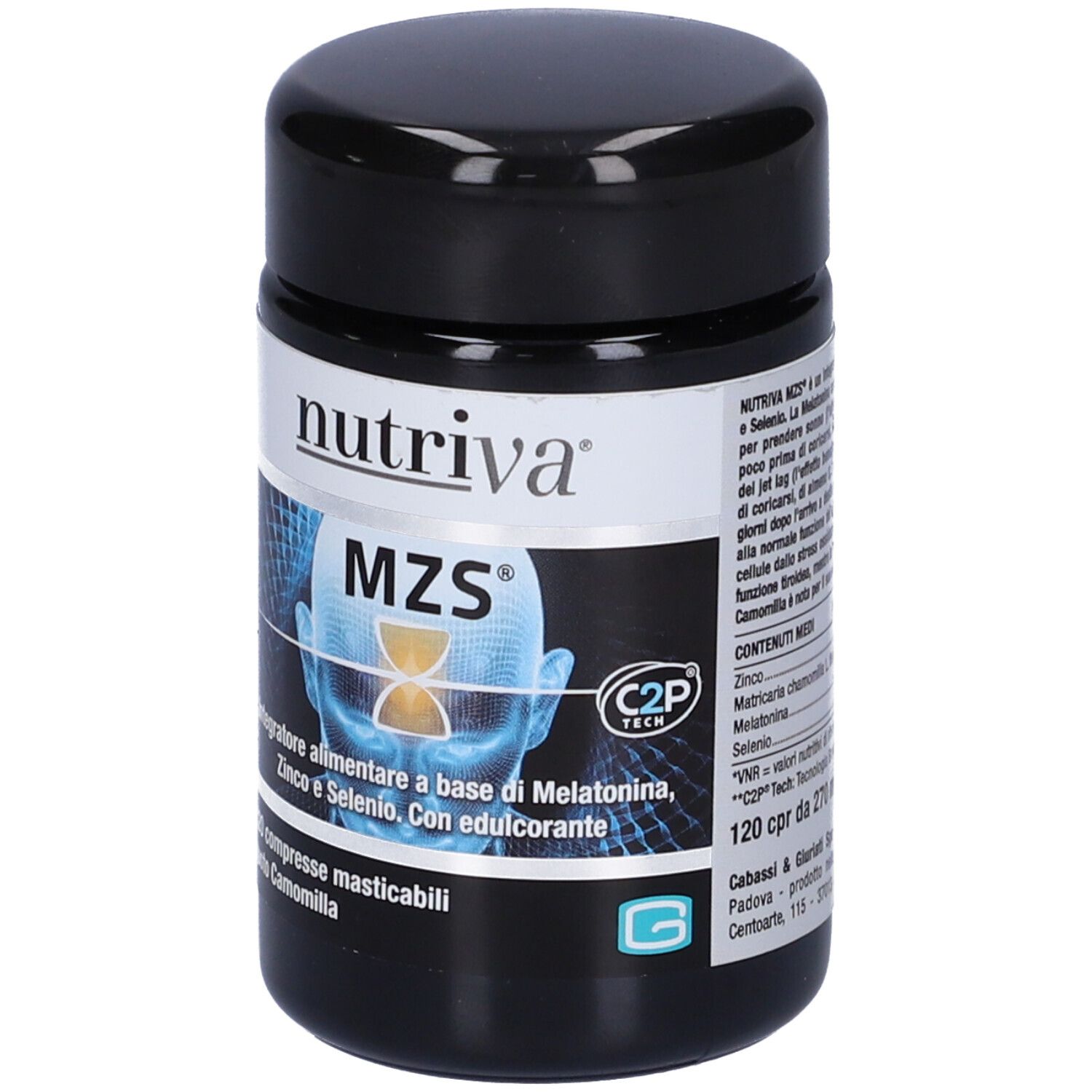 Barattolo nero con etichetta bianca. Scritta: Nutriva MZS. Contiene 120 compresse masticabili. Con melatonina, zinco e selenio.