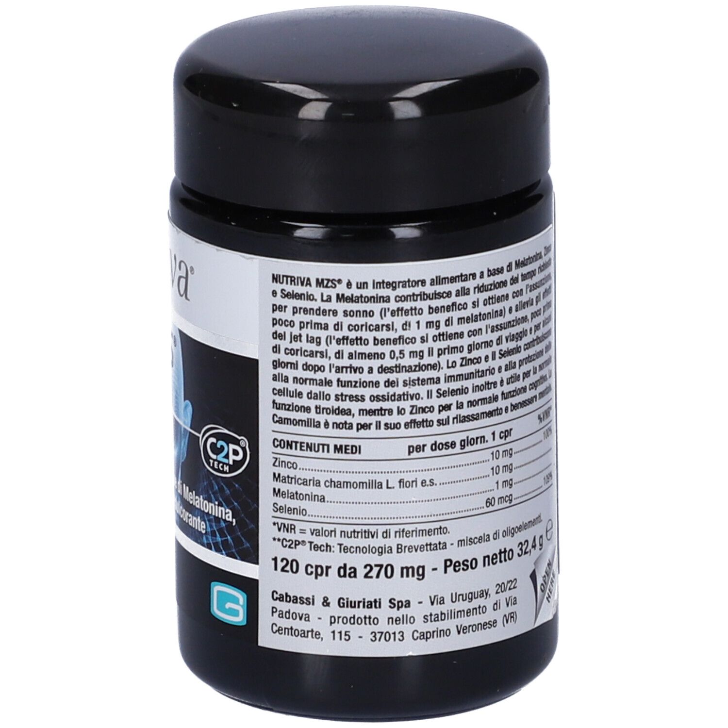 Barattolo nero con etichetta bianca. Scritta: Nutriva MZS. Contiene 120 compresse masticabili. Con melatonina, zinco e selenio.