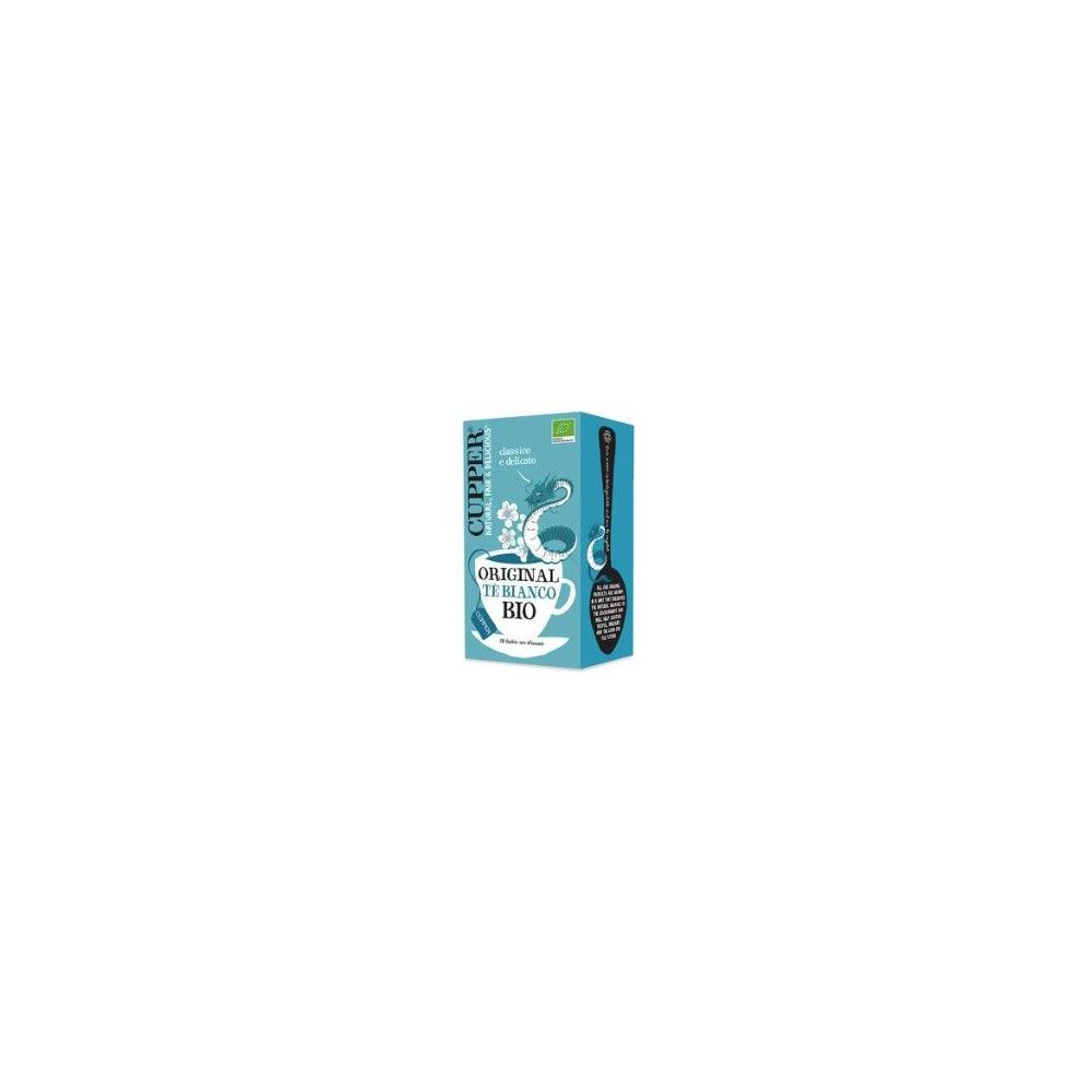 Scatola di tè Cupper azzurra. Scritta: Original Te Bianco Bio. Sigillo biologico. Illustrazione cucchiaio.