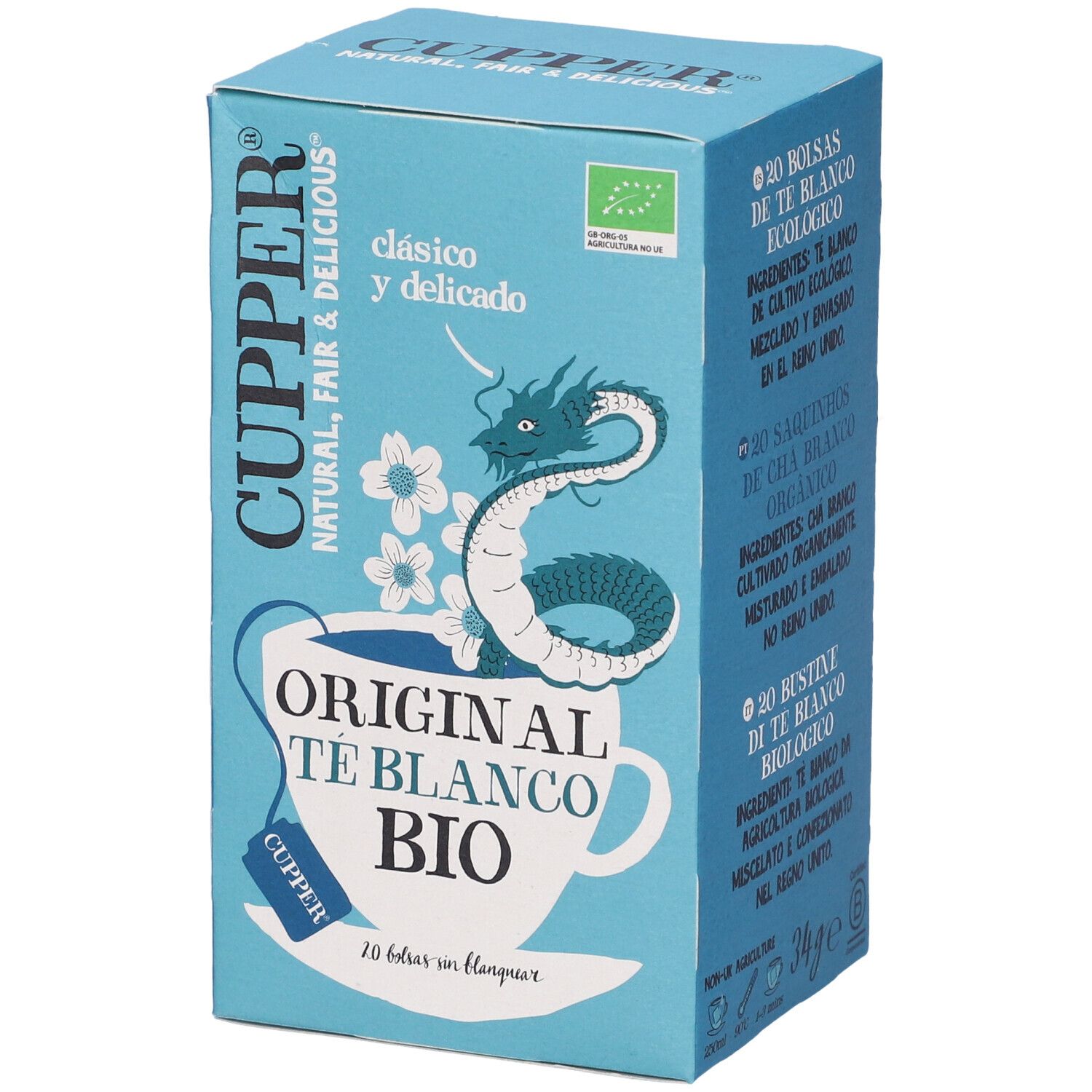 Scatola di tè Cupper azzurra. Scritta: Original Te Blanco Bio. Sigillo bio. Illustrazione drago.