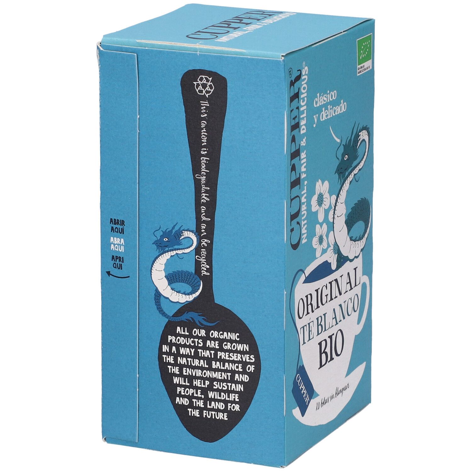 Scatola di tè Cupper azzurra. Scritta: Original Te Blanco Bio. Sigillo bio. Illustrazioni drago e cucchiaio.