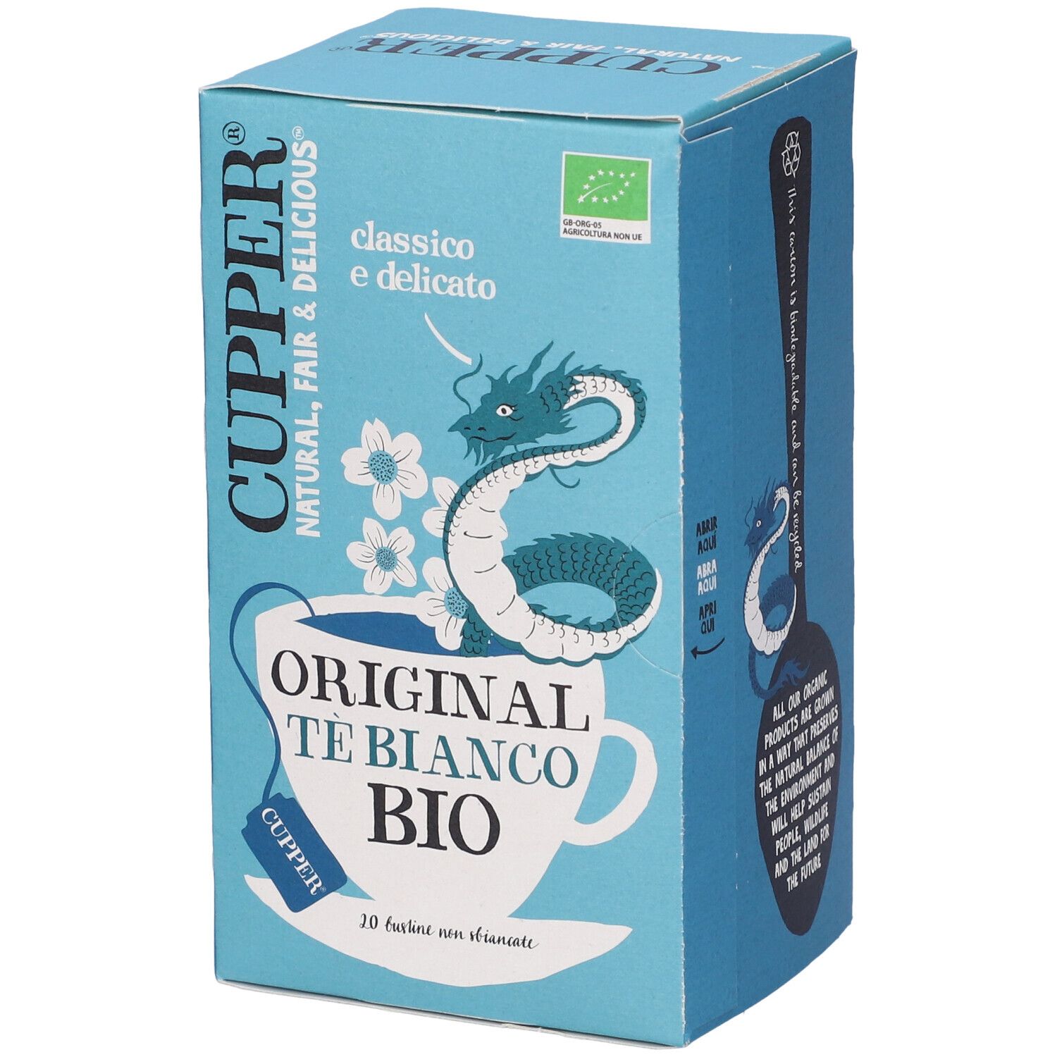 Scatola di tè Cupper azzurra. Scritta: Original Te Blanco Bio. Sigillo bio. Illustrazione drago.
