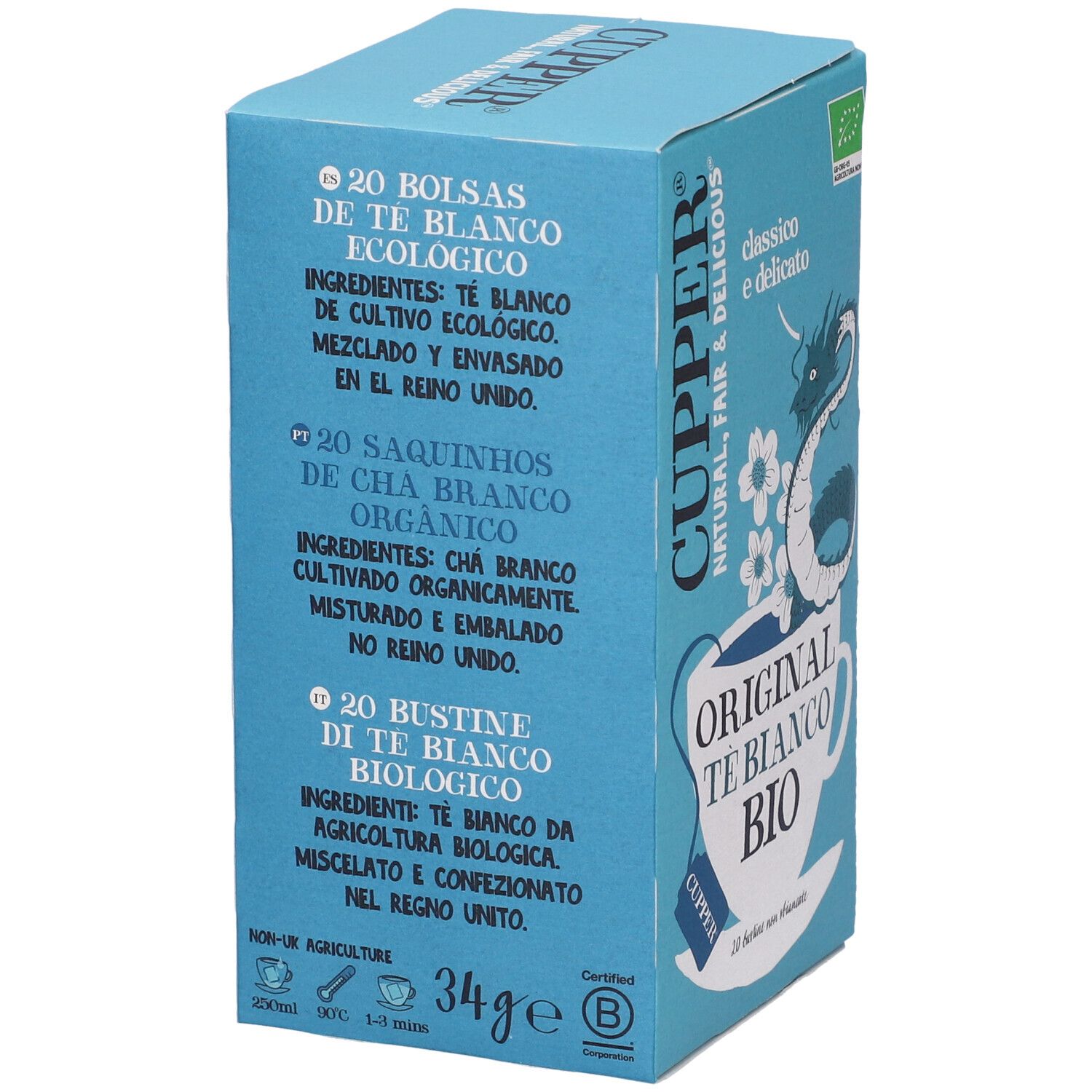 Scatola di tè Cupper azzurra. Scritta: Original Te Blanco Bio. Sigillo bio. Illustrazione drago.