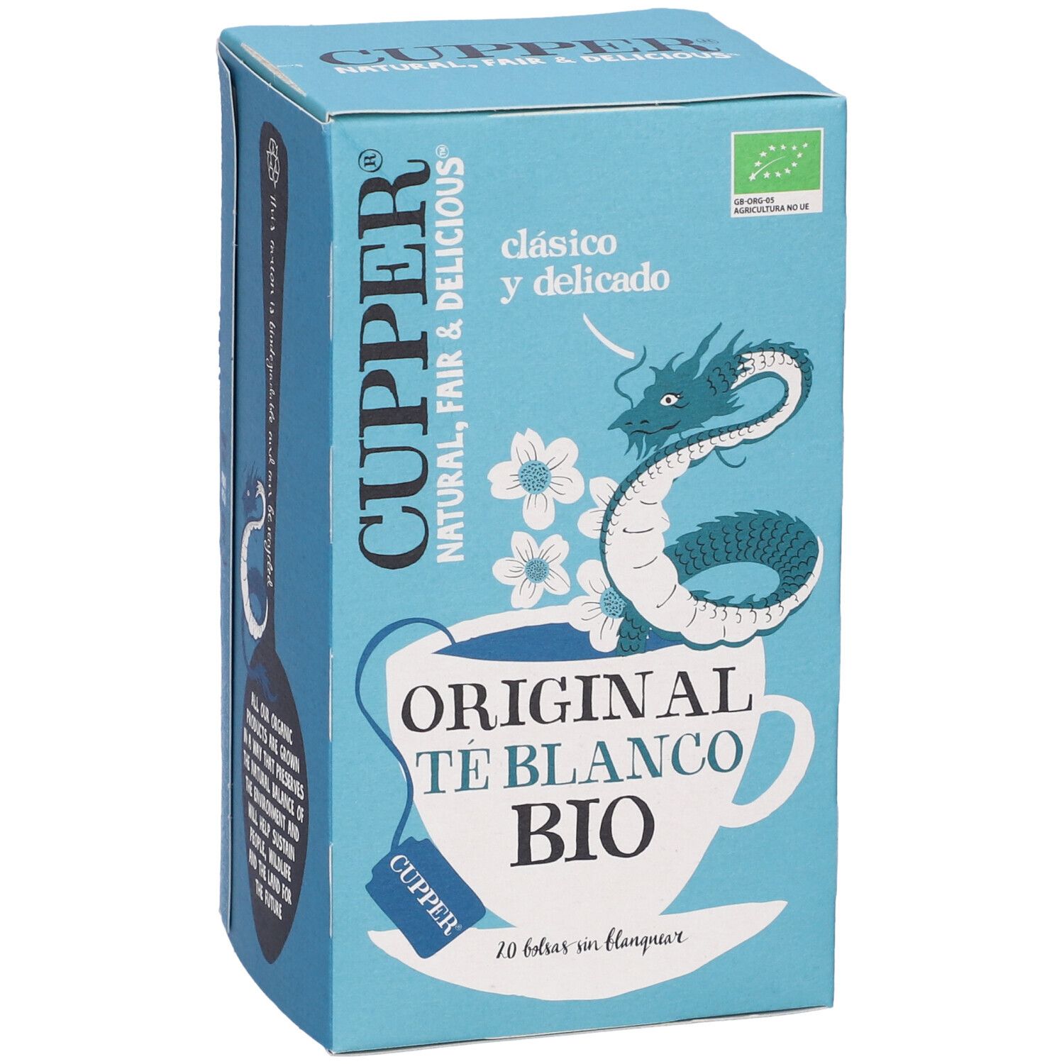 Scatola di tè Cupper azzurra. Scritta: Original Te Blanco Bio. Sigillo bio. Illustrazione drago.