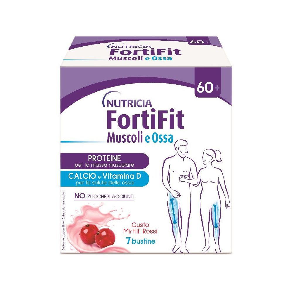 Confezione di Nutricia Fortifit Muscoli&ossa. Contiene 7 bustine gusto Mirtilli Rossi. Contiene proteine, calcio e vitamina D.