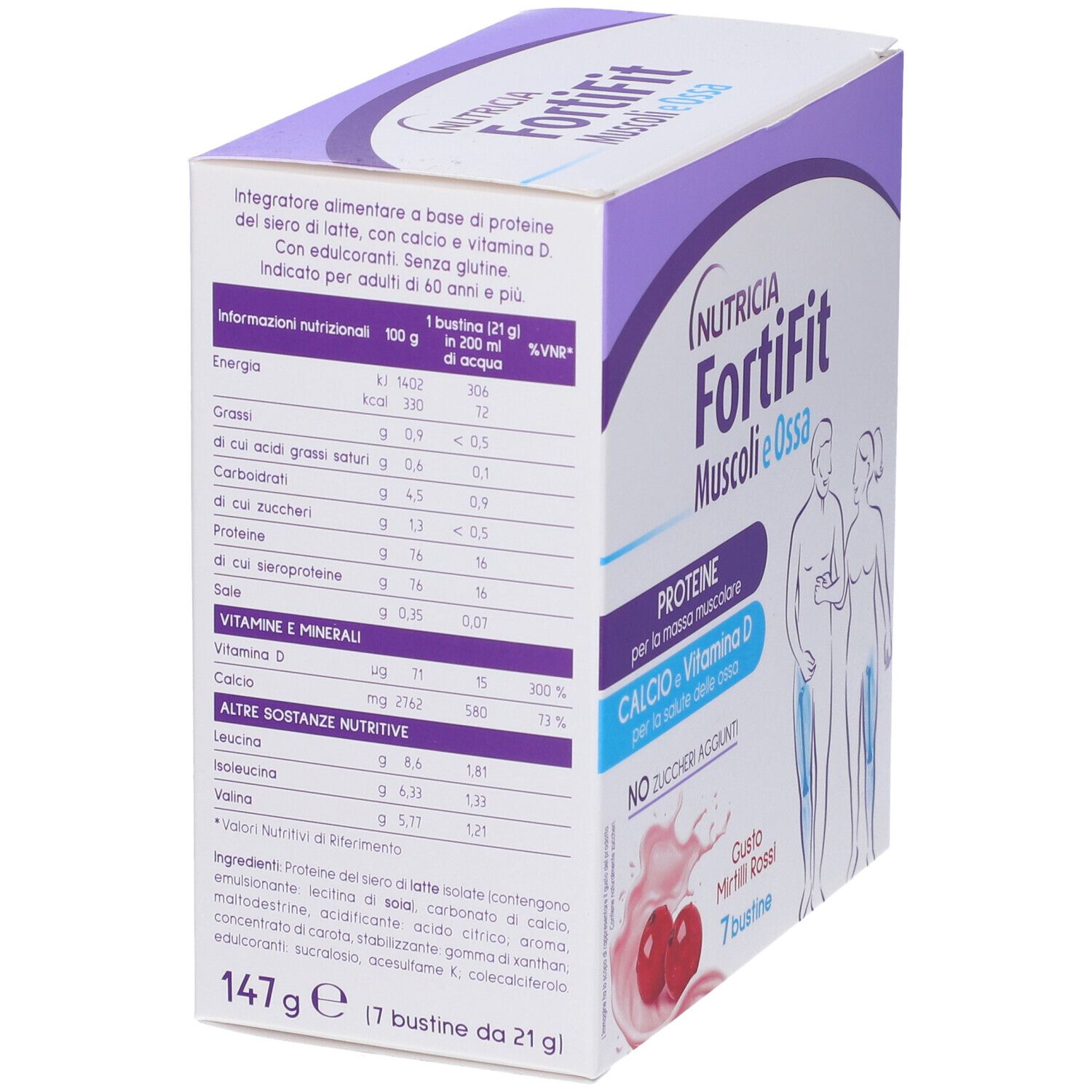 Confezione di Nutricia Fortifit Muscoli&ossa. Contiene 7 bustine gusto Mirtilli Rossi. Contiene proteine, calcio e vitamina D.