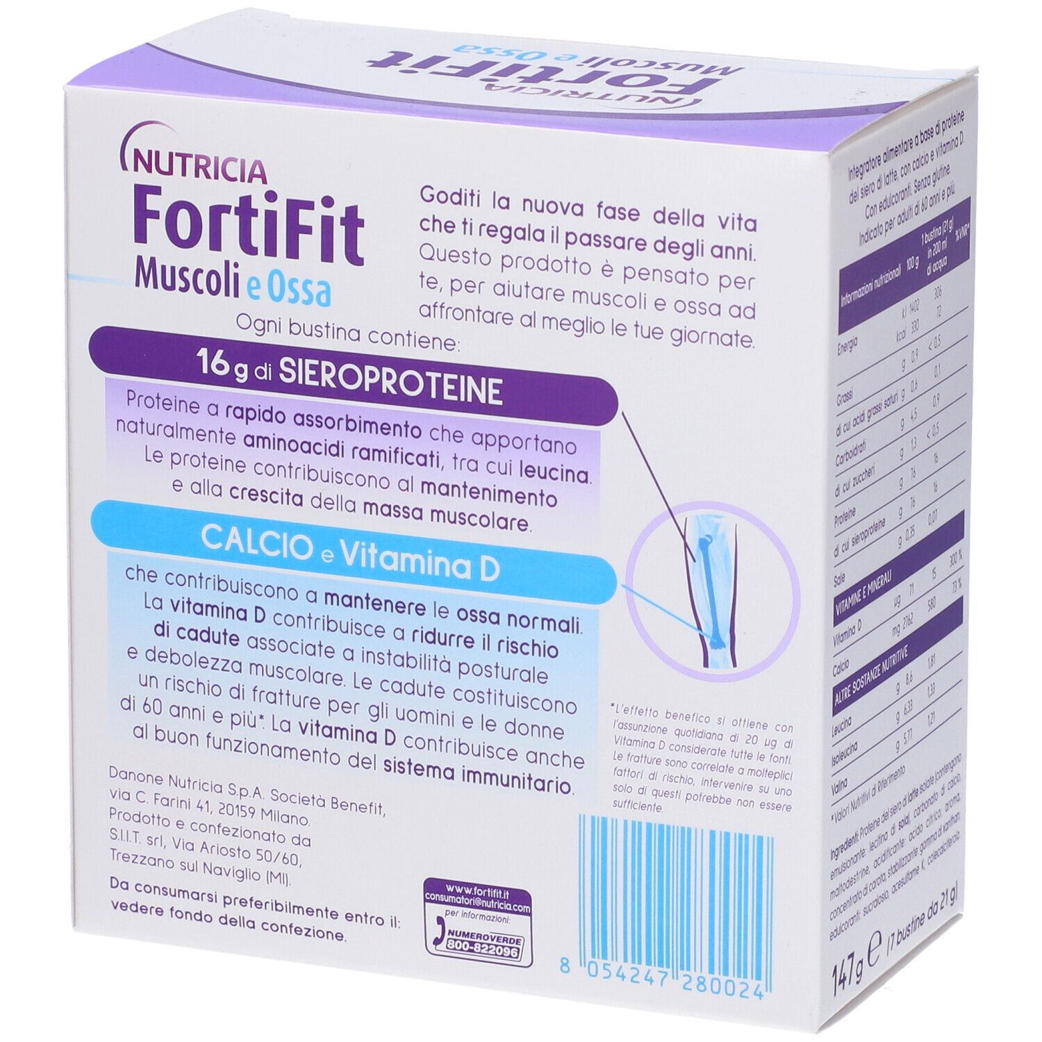Confezione di Nutricia Fortifit Muscoli&ossa. Contiene 7 bustine gusto Mirtilli Rossi. Contiene proteine, calcio e vitamina D.