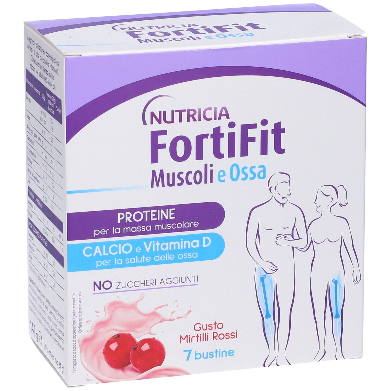 Confezione di Nutricia Fortifit Muscoli&ossa. Contiene 7 bustine gusto Mirtilli Rossi. Contiene proteine, calcio e vitamina D.