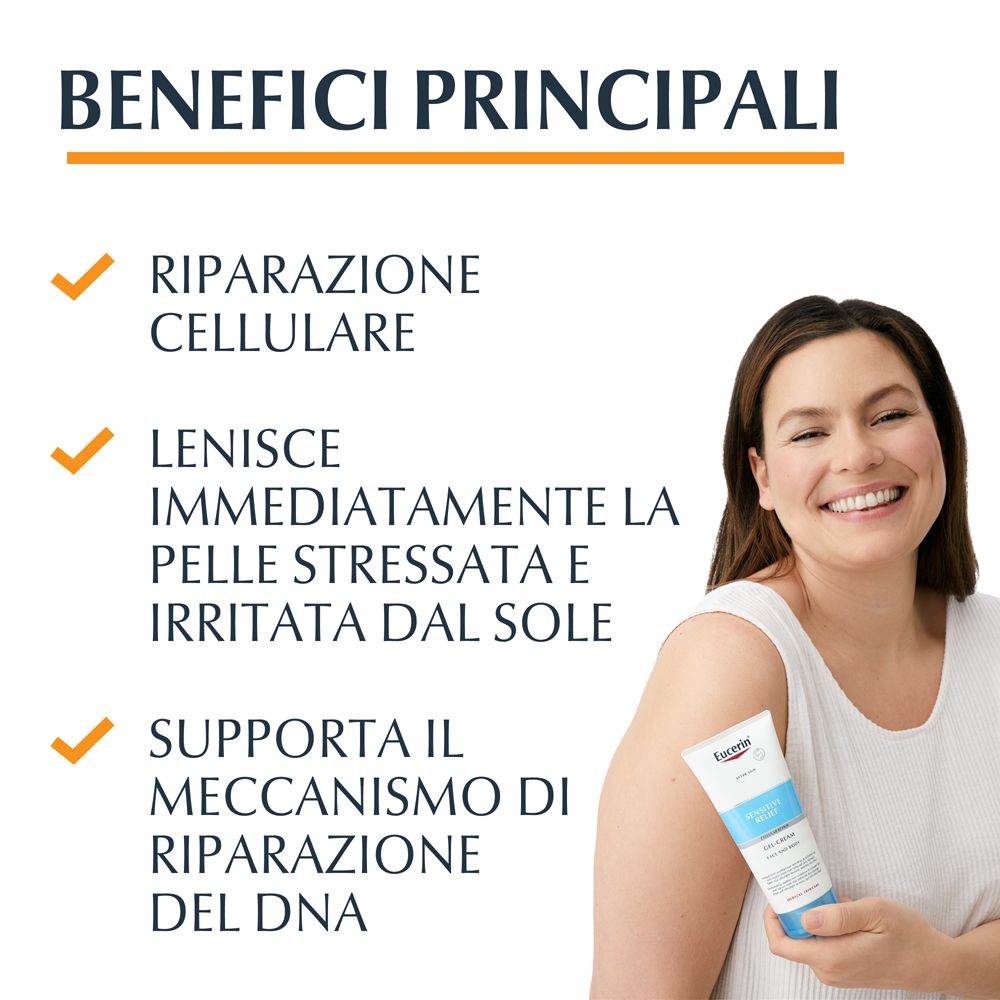 Donna con Eucerin After Sun. Testo: Riparazione cellulare, lenisce la pelle, supporta la riparazione del DNA.