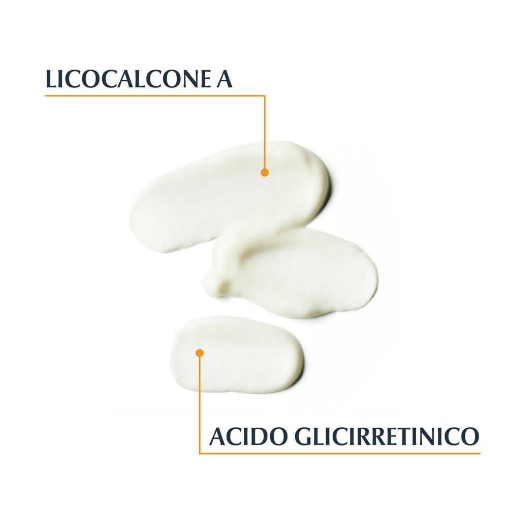 Tre gocce di crema. Diciture: Licocalcone A, Acido Glicirretinico.