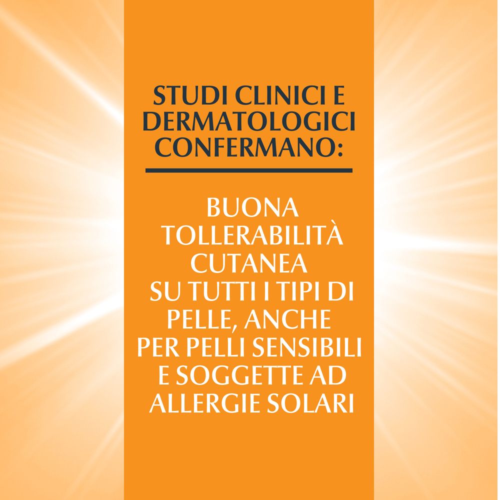 Testo su sfondo arancione: Buona tollerabilità cutanea per tutti i tipi di pelle, anche sensibili.