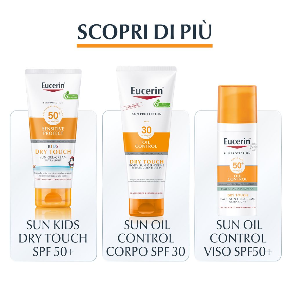 Tre creme solari Eucerin: Kids Dry Touch SPF 50+, Sun Oil Control Corpo SPF 30, Sun Oil Control Viso SPF50+.