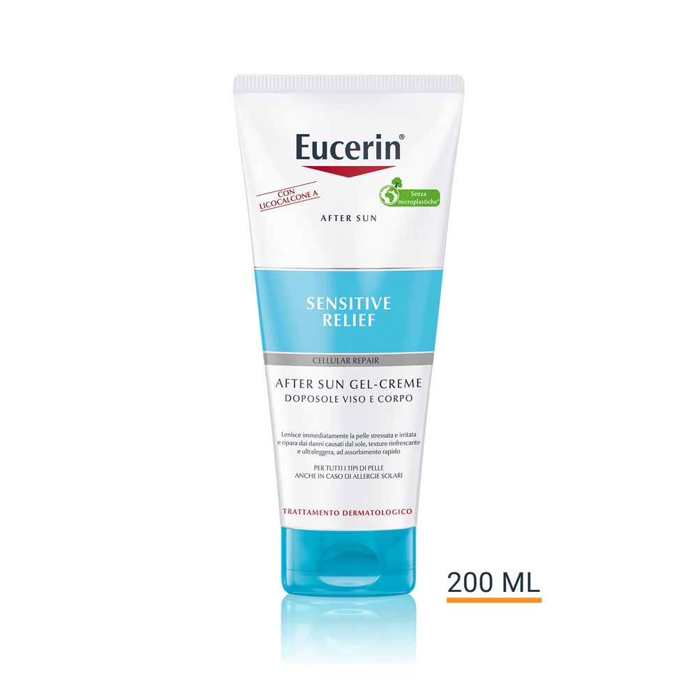 Eucerin After Sun Sensitive Relief Crema-Gel. Tubo con fascia blu. 200 ml.