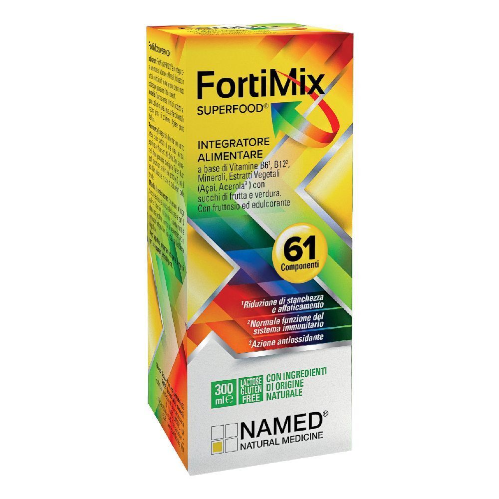 Confezione gialla e verde di FortiMix Superfood. Contiene 61 componenti. Con logo NAMED Natural Medicine.