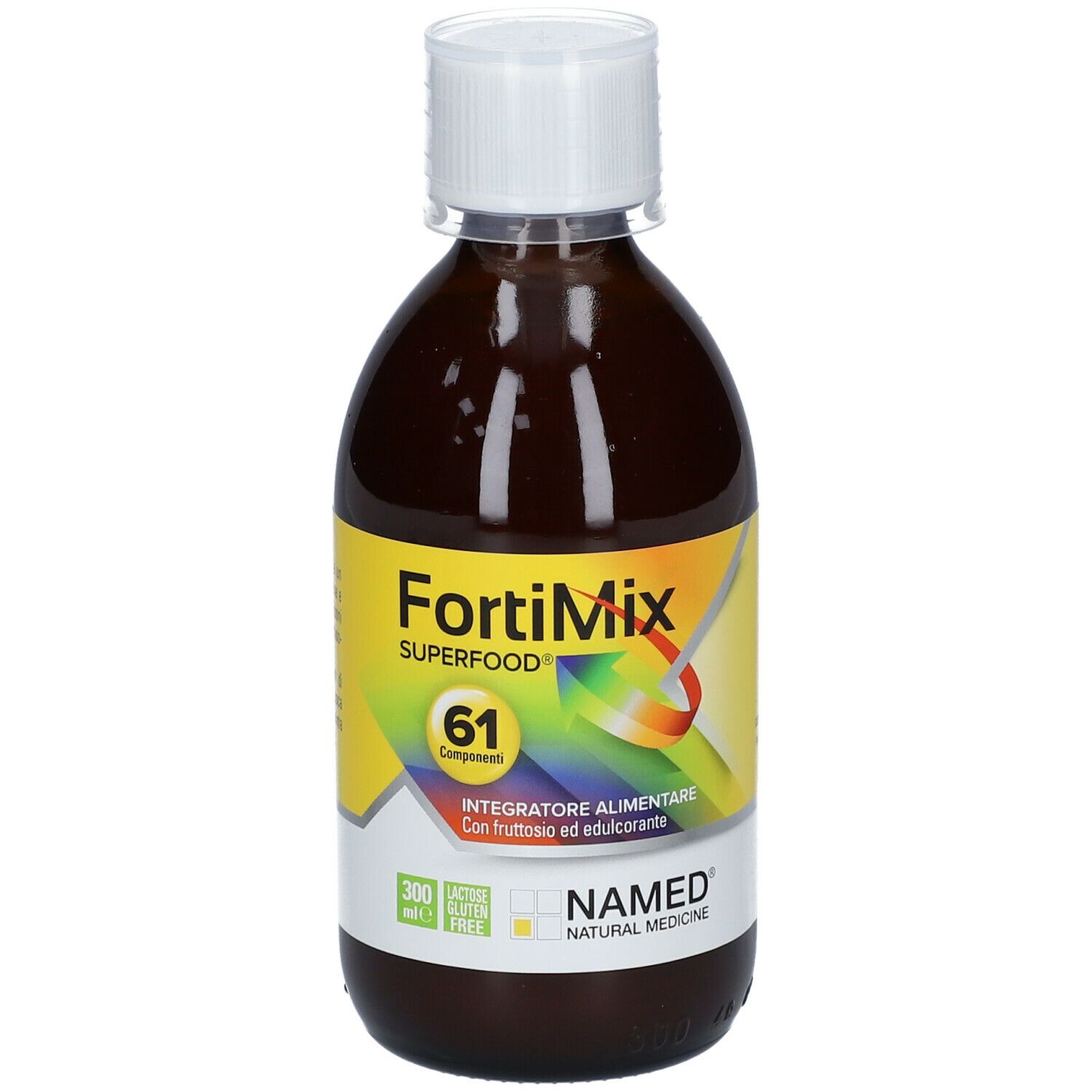 Bottiglia marrone con tappo bianco. Contiene FortiMix Superfood. Con 61 componenti. Logo NAMED Natural Medicine.