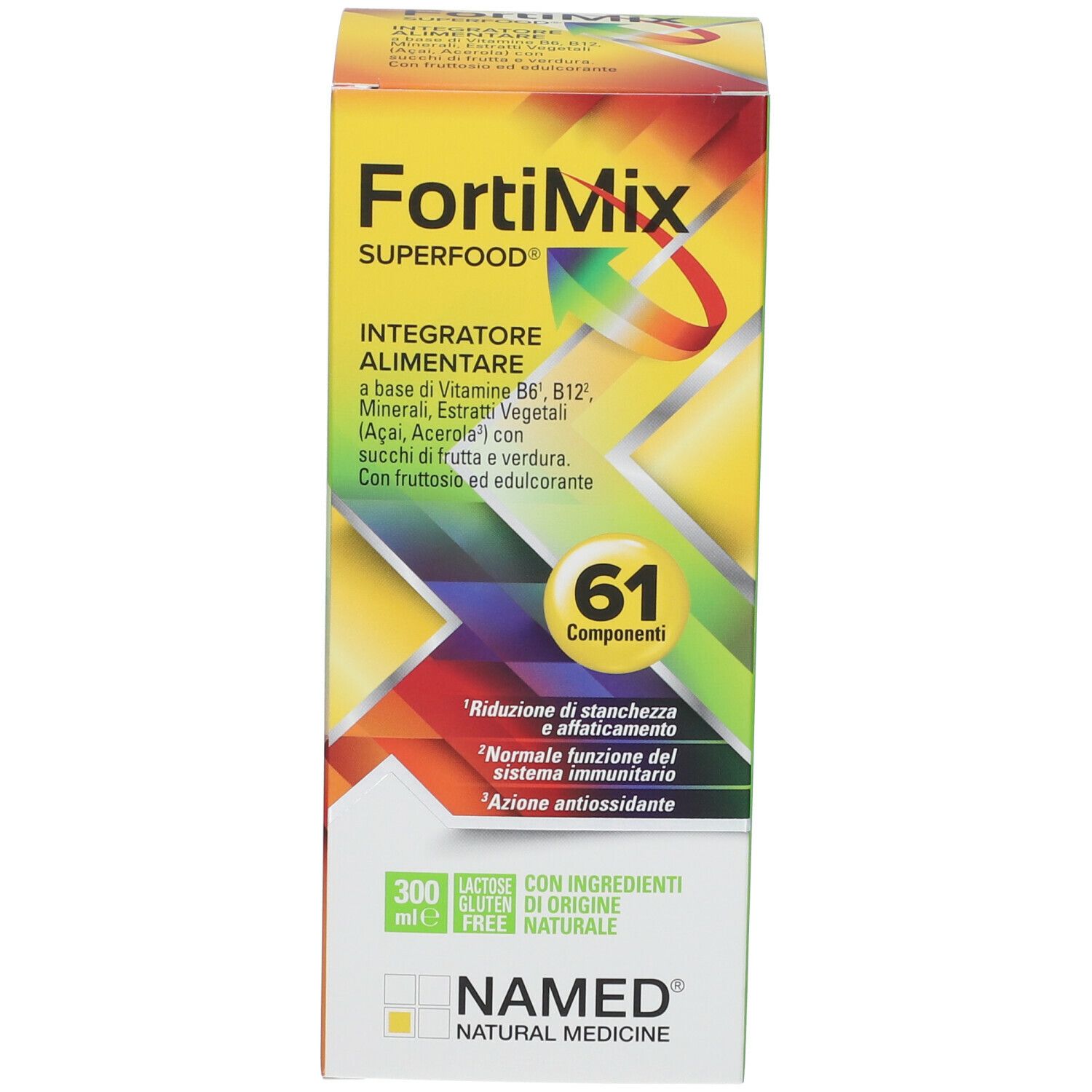 Confezione gialla e verde di FortiMix Superfood. Contiene 61 componenti. Con logo NAMED Natural Medicine.