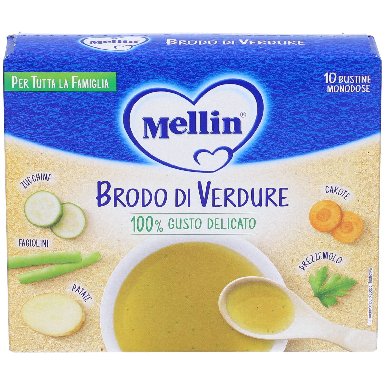 Blau-weiße Schachtel "Mellin Brodo di Verdure". Abbildung von Gemüse und Suppe. 10 Beutel. 100% delikater Geschmack.